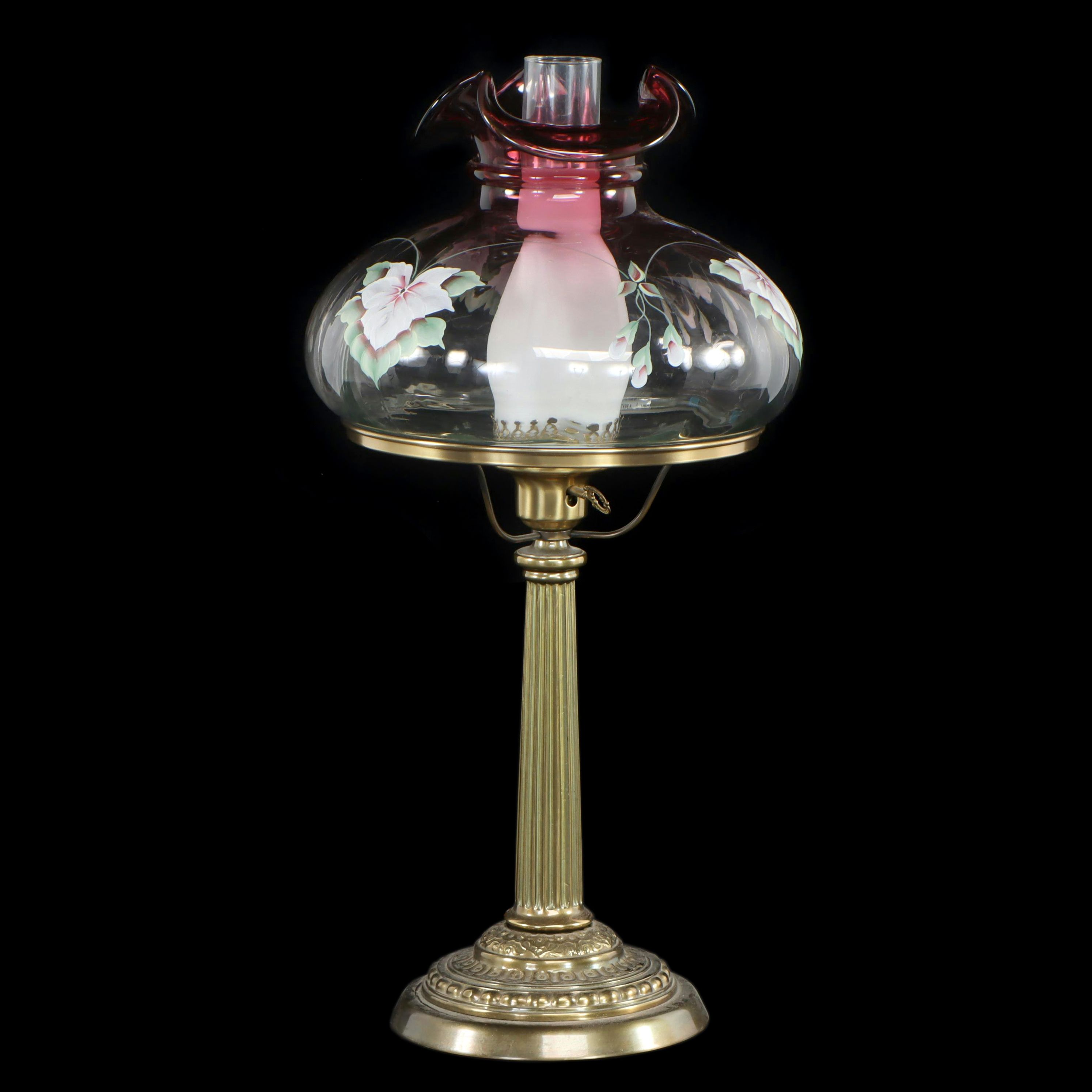 Fenton Rubina Verde Hand-Painted Glass Oil Lamp Style Table Lamp