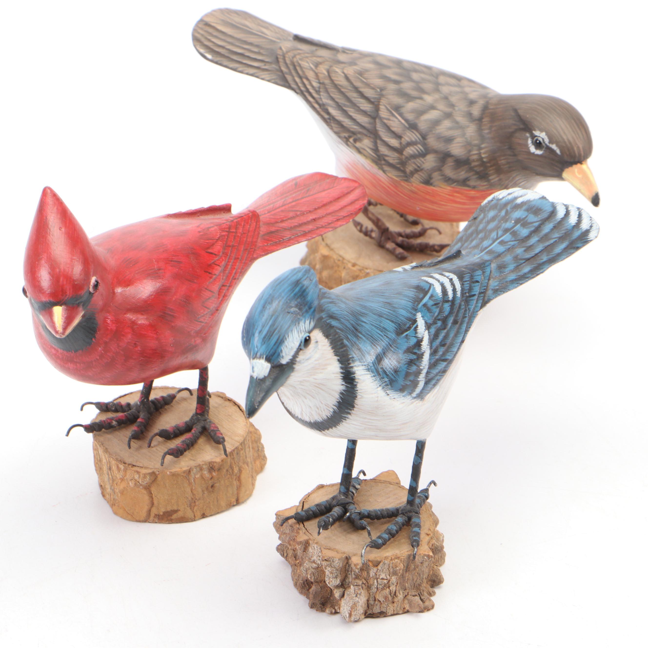 Hand-Crafted Blue Jay, Robin and Cardinal Bird Figurines