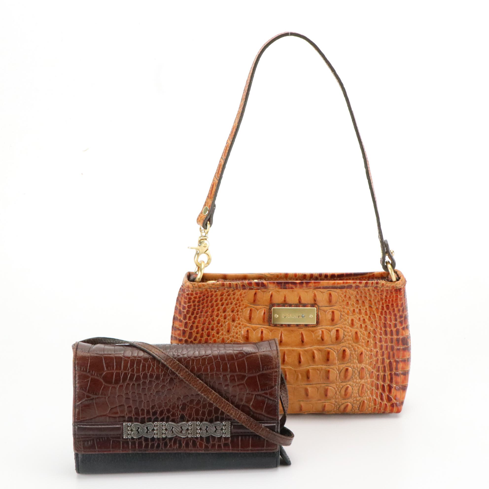 Brighton Leather Tri-Fold Crossbody Wallet, Brahmin Tan Crocodile Shoulder Bag