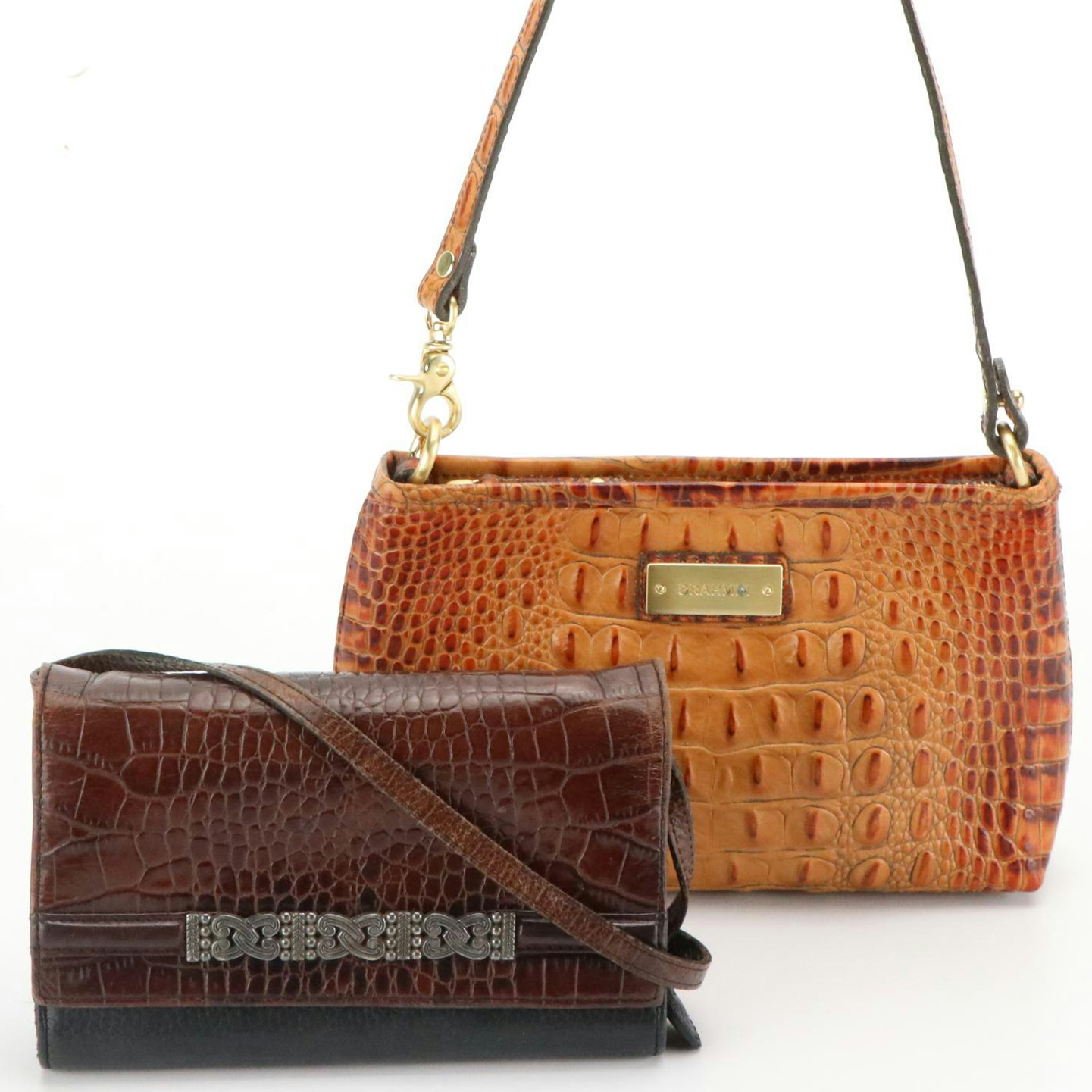 Brighton Leather Tri-Fold Crossbody Wallet, Brahmin Tan Crocodile Shoulder Bag