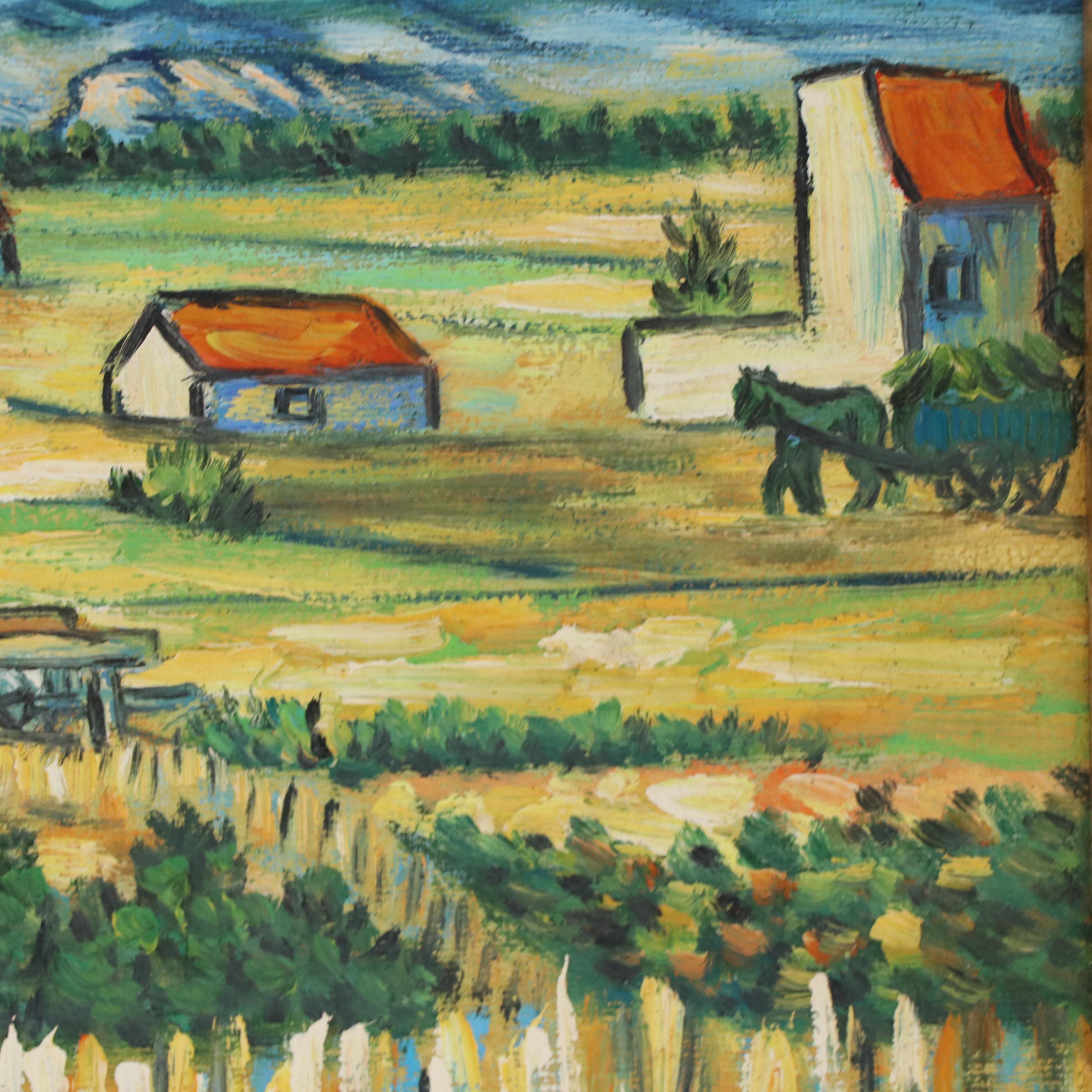 Folk Art Style Farm Landscape Oil Painting