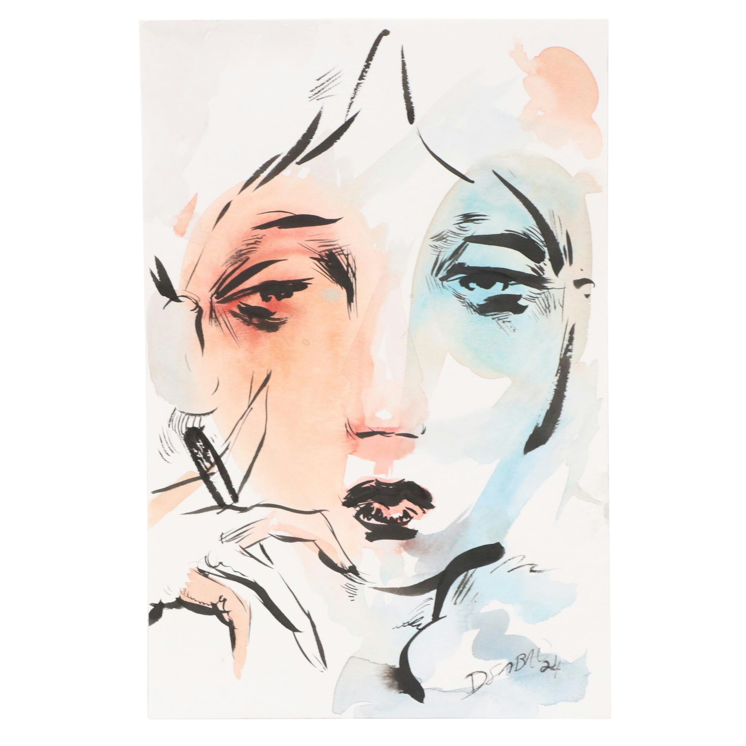 Dan Sabau Watercolor Painting "Muse with Cigarette," 2024