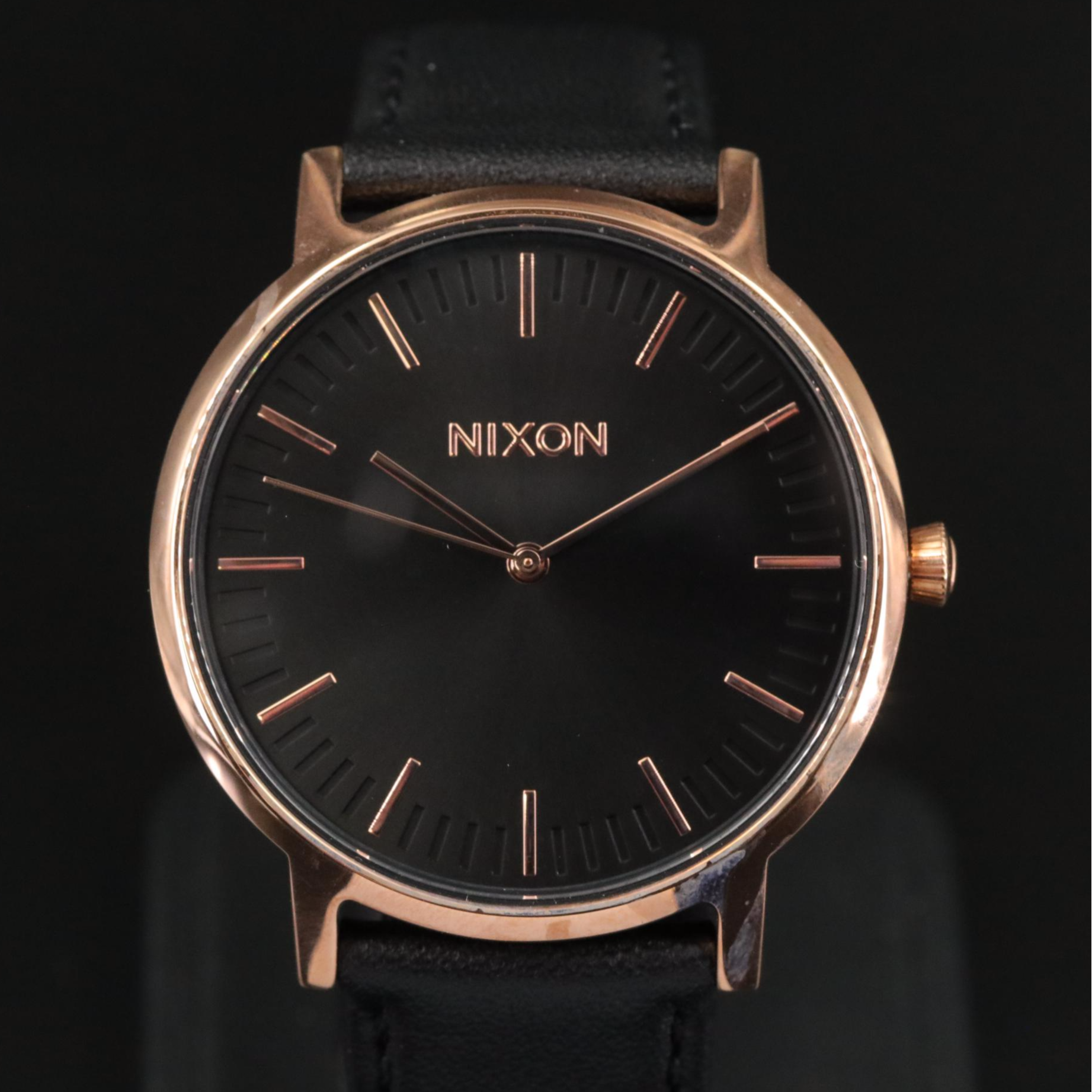Nixon Porter Black Leather and Rose Gold Watch with Box