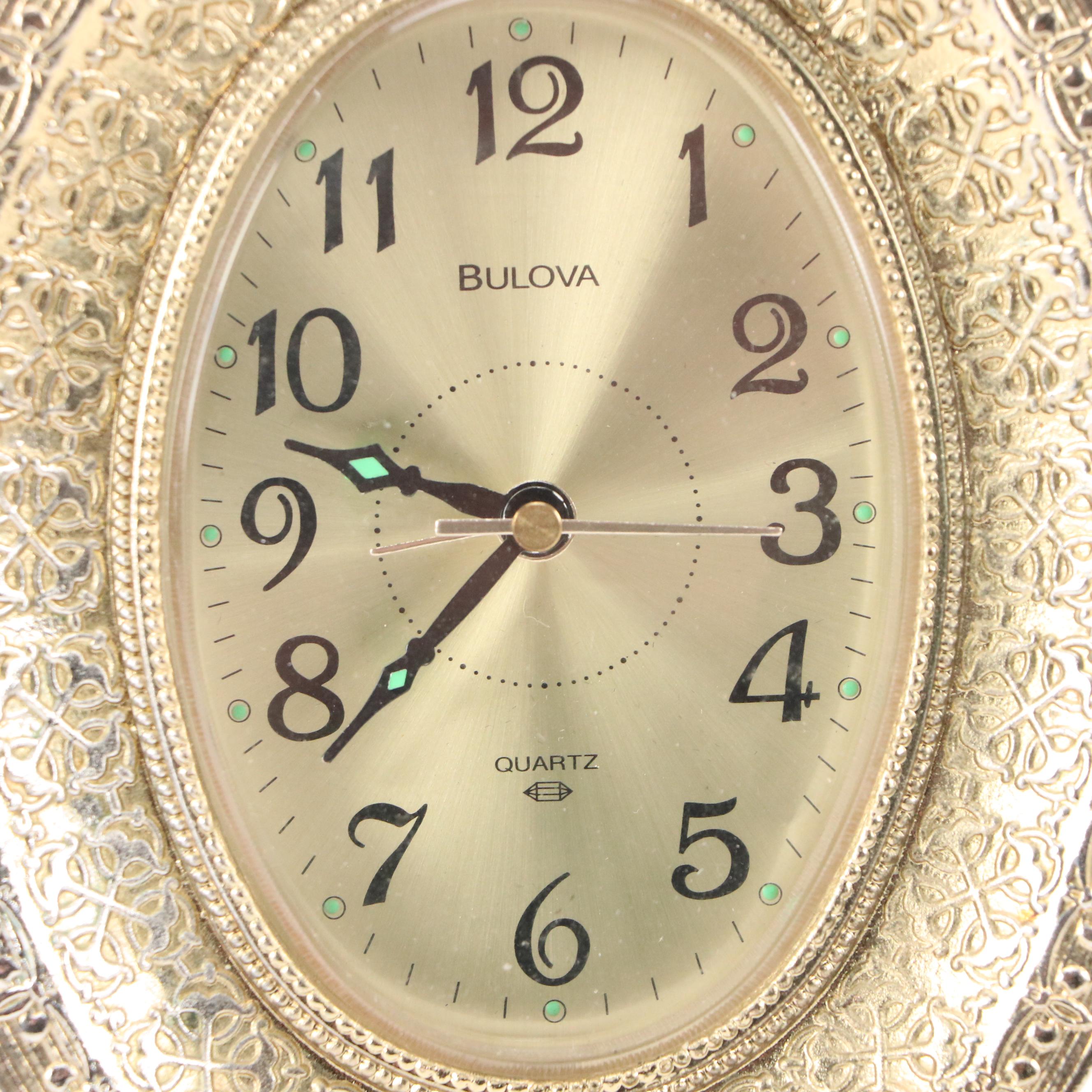 Bulova Hollywood Regency Style Gilt Metal Alarm Clock, Mid to Late 20th Century