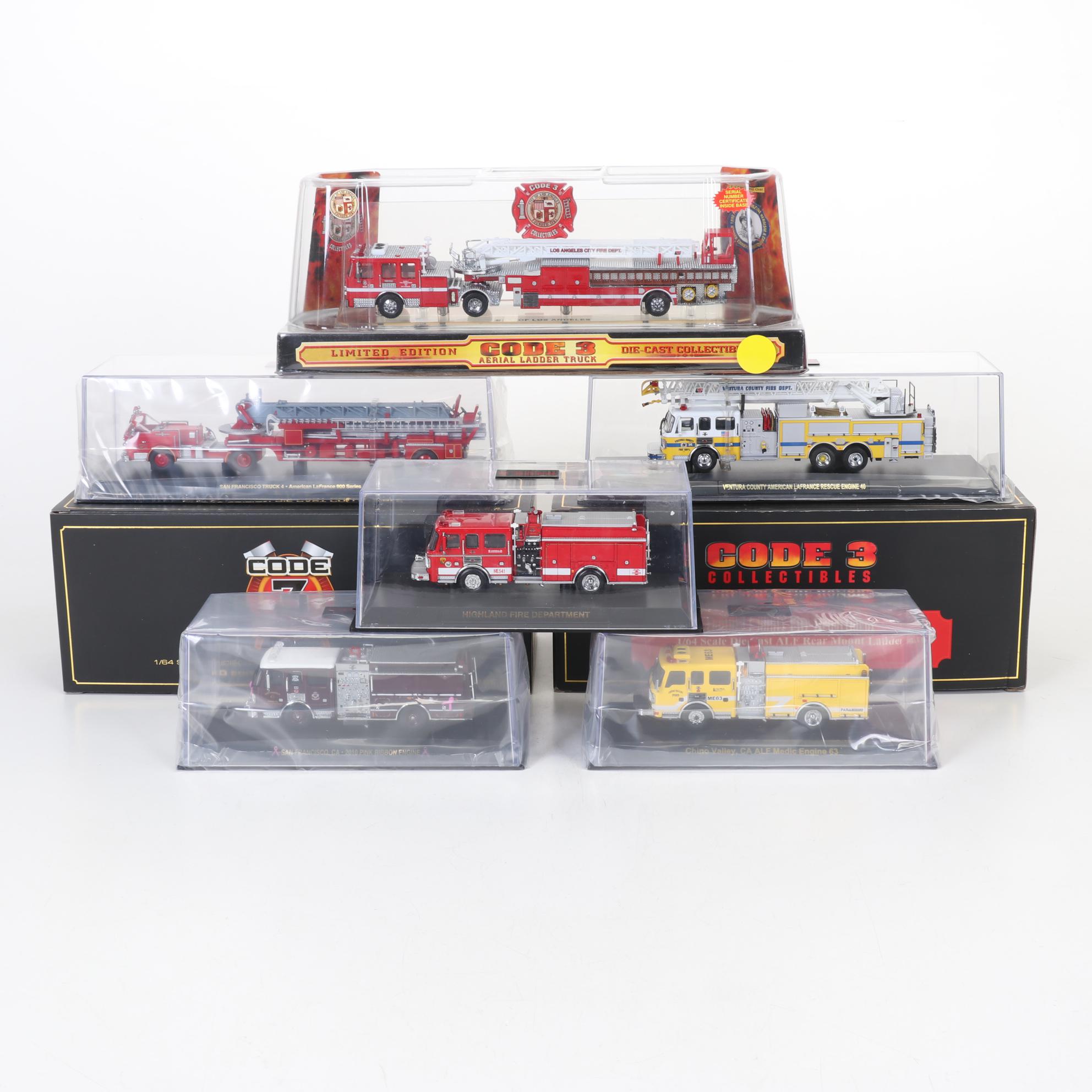 Six Code 3 Limited Edition Die Cast 1/64 Scale Fire Trucks, 21st Century