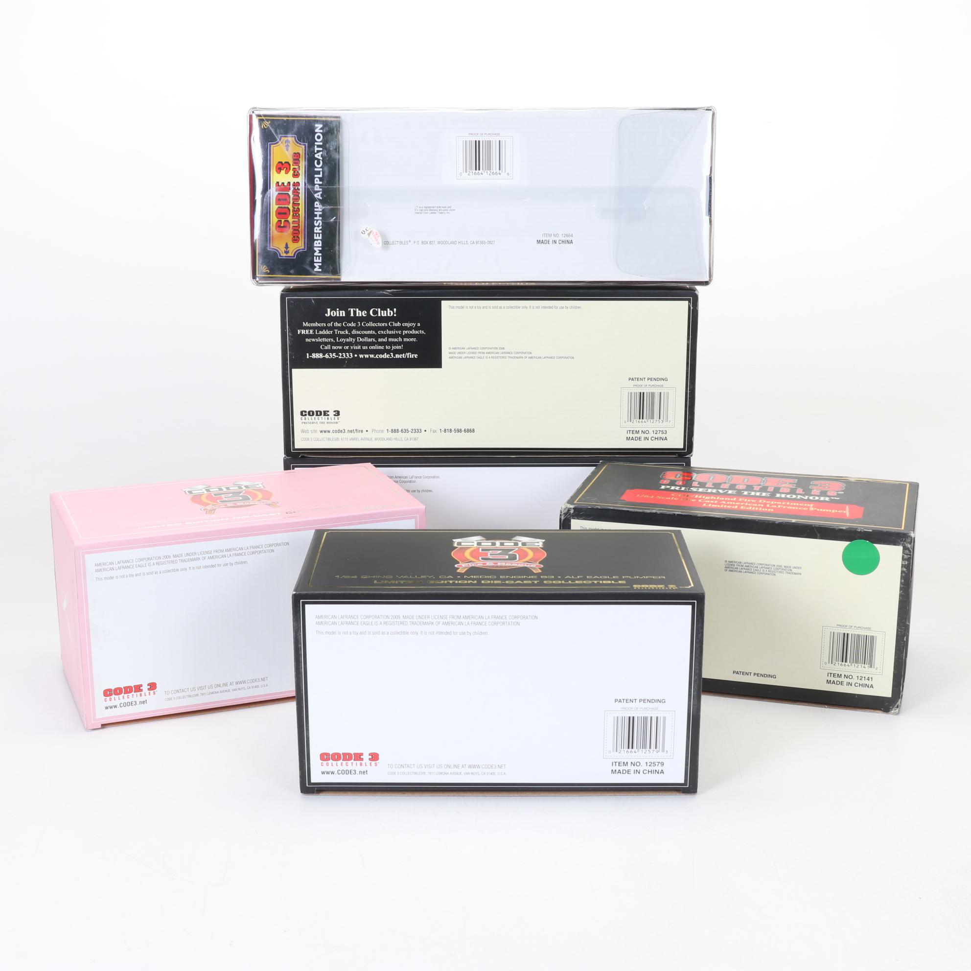 Six Code 3 Limited Edition Die Cast 1/64 Scale Fire Trucks, 21st Century