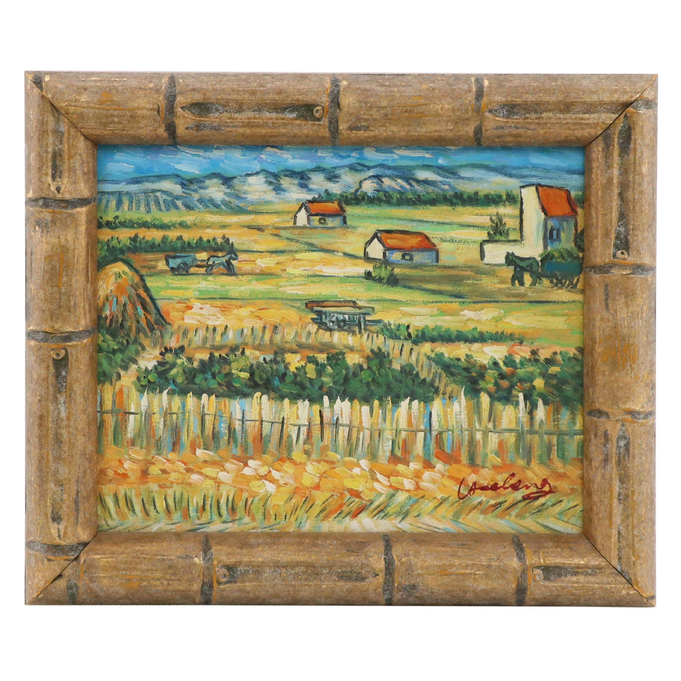 Folk Art Style Farm Landscape Oil Painting
