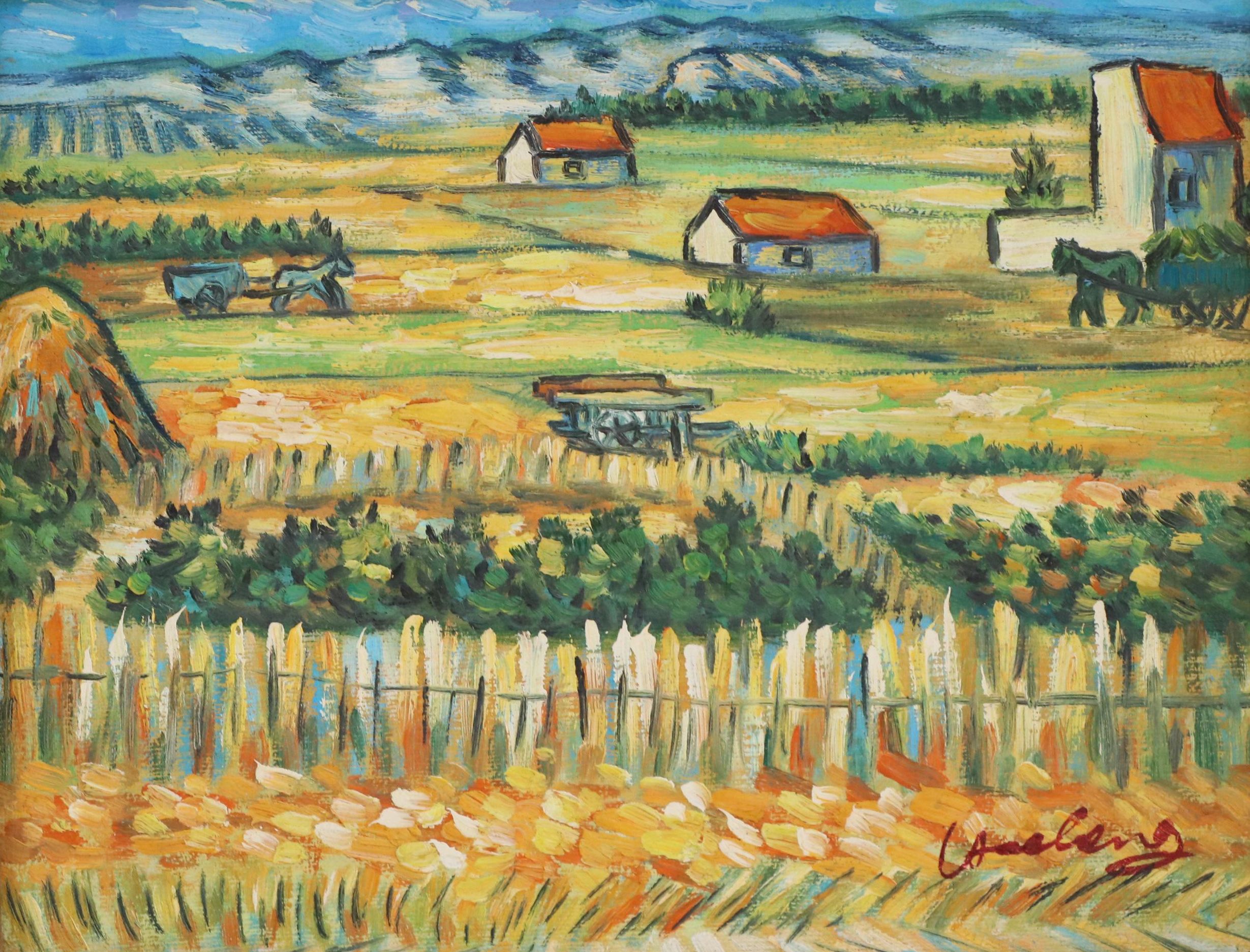 Folk Art Style Farm Landscape Oil Painting