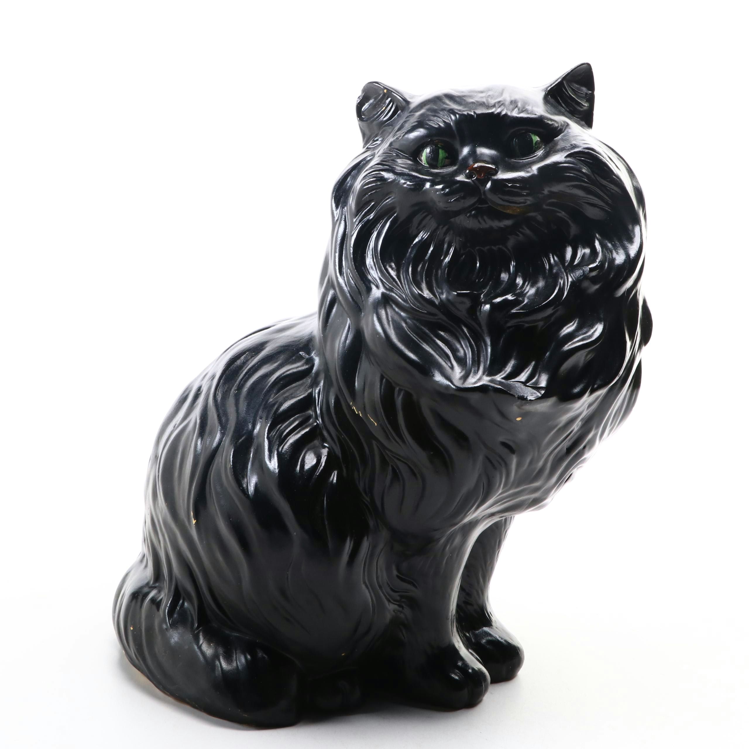 Hand-Painted Ceramic Black Cat Figure, Mid to Late 20th Century