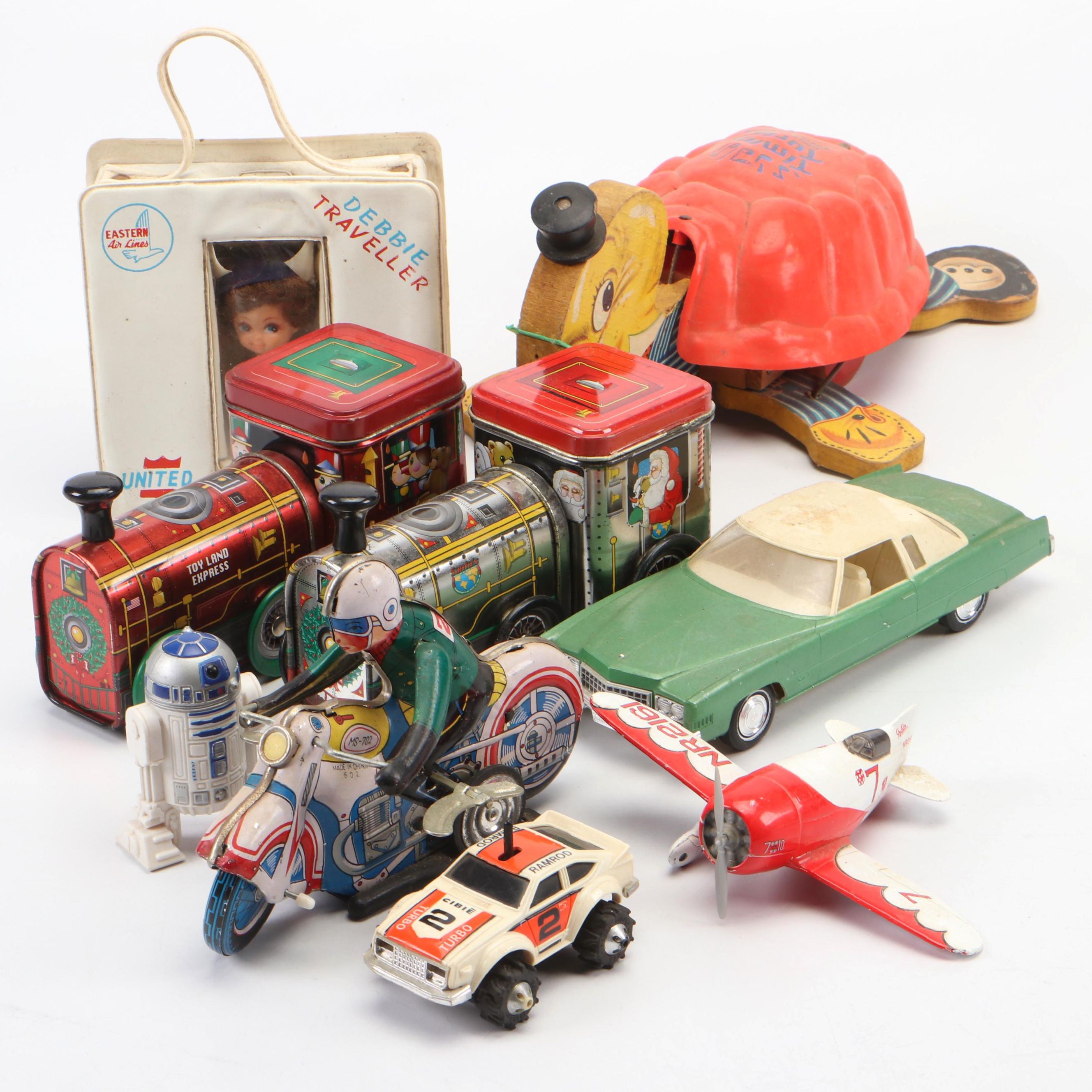 Tin Litho Toy Land Express & Other Train Candy Tins, Friction Motorcycle, More