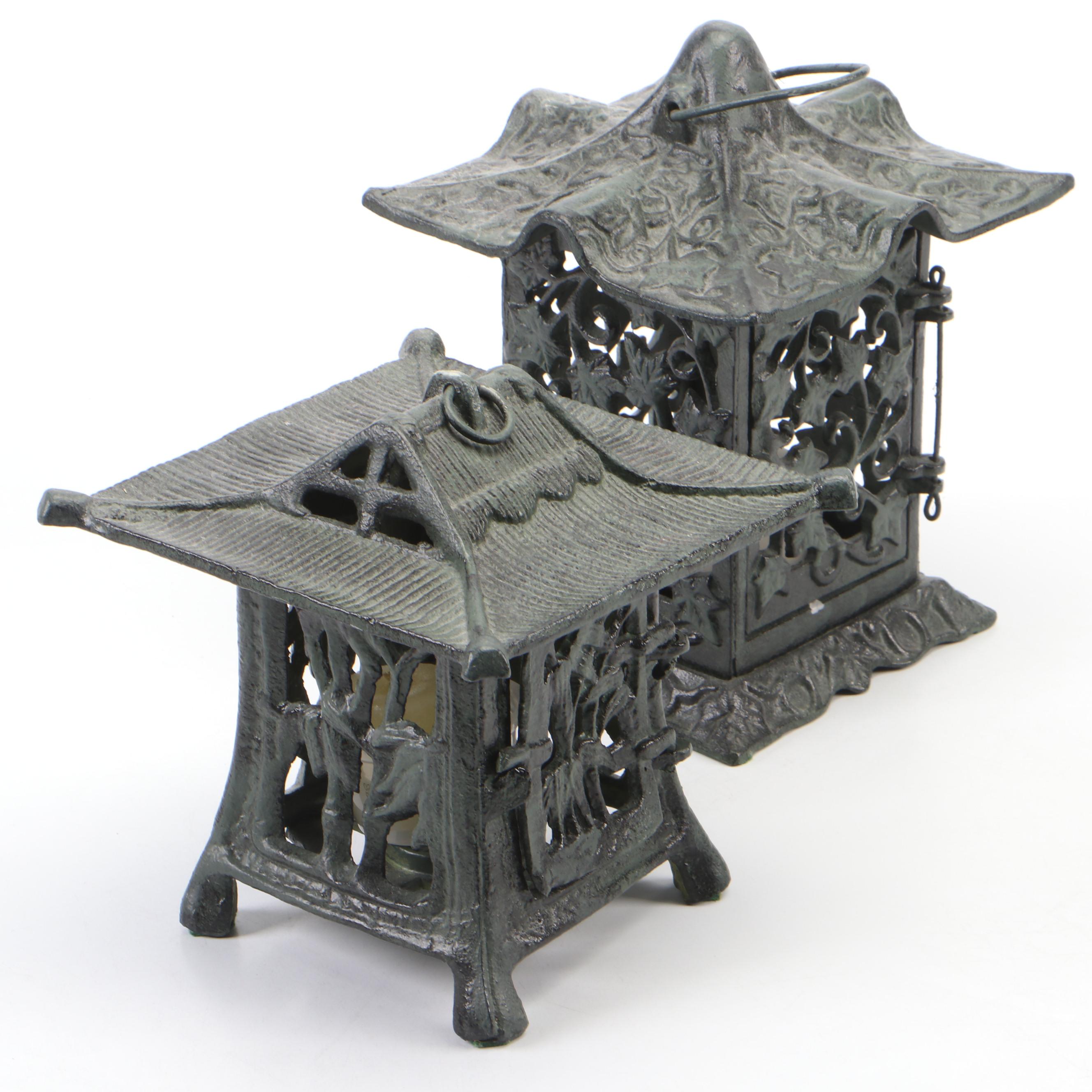 Japanese Style Cold Painted Cast Iron Candle Lanterns