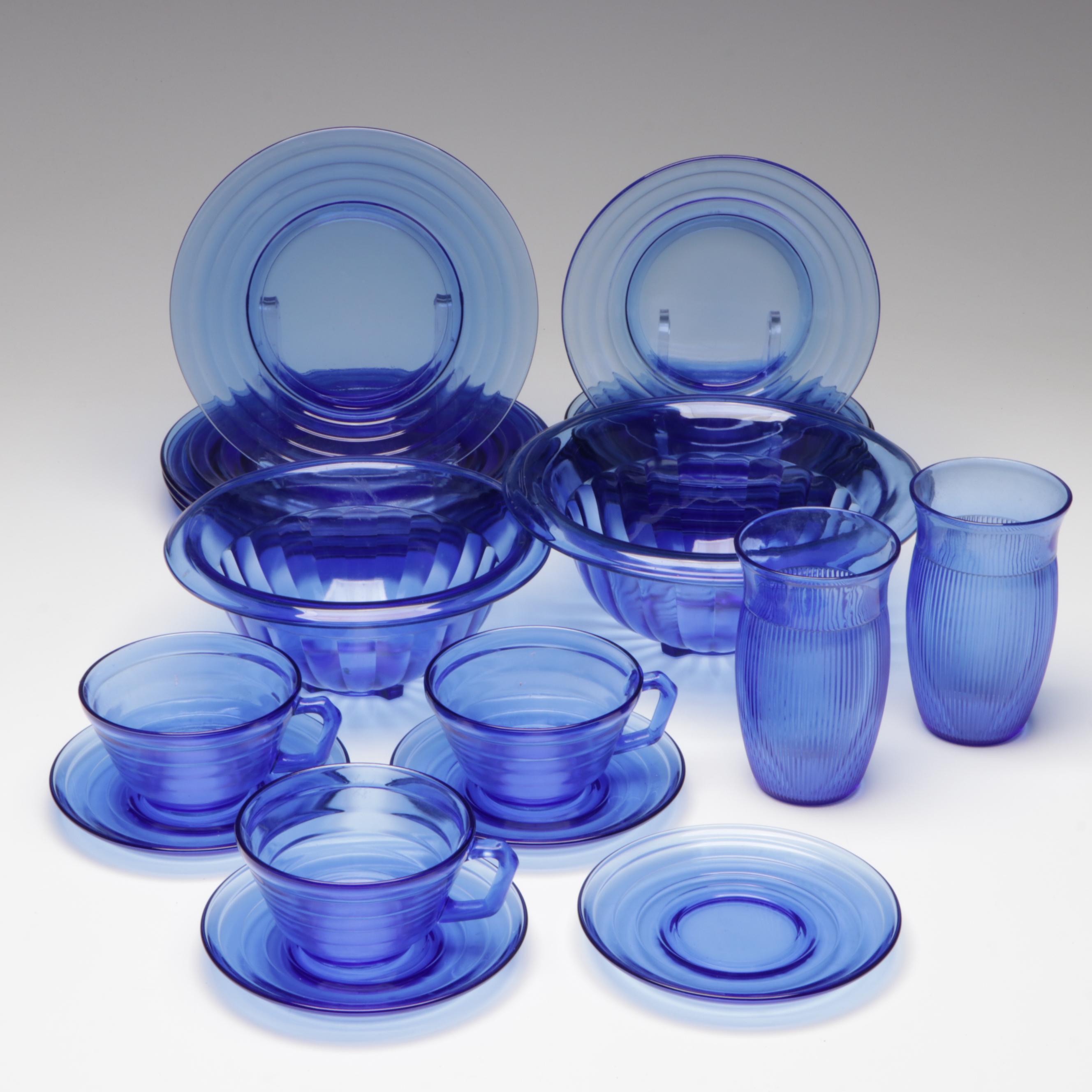 Hazel Atlas "Moderntone" and Other Blue Glass Tableware, Mid to Late 20th C.