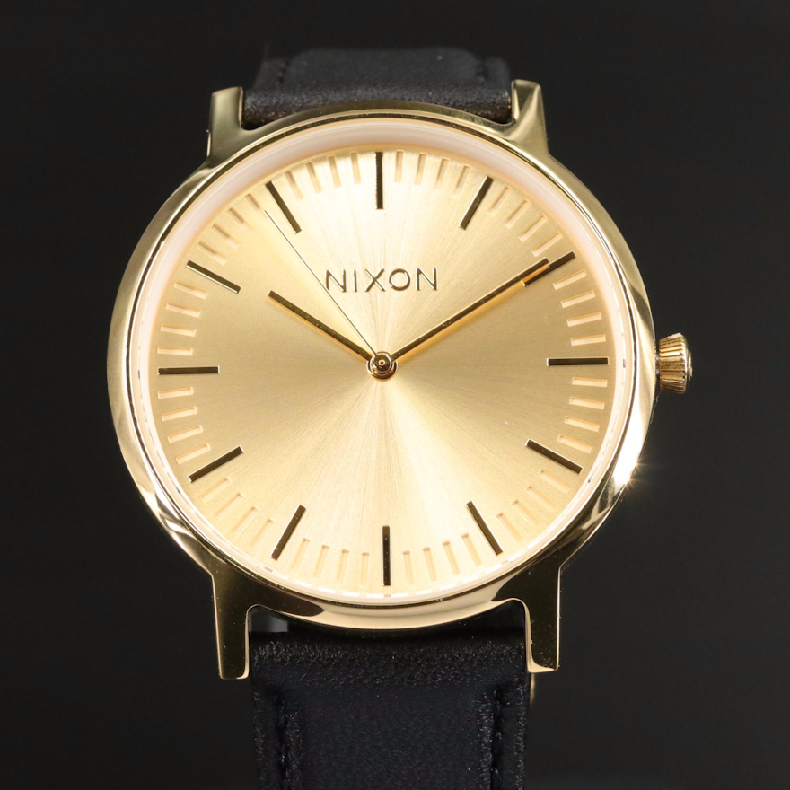 Nixon Porter Leather Gold Tone Quartz Watch with Black Strap