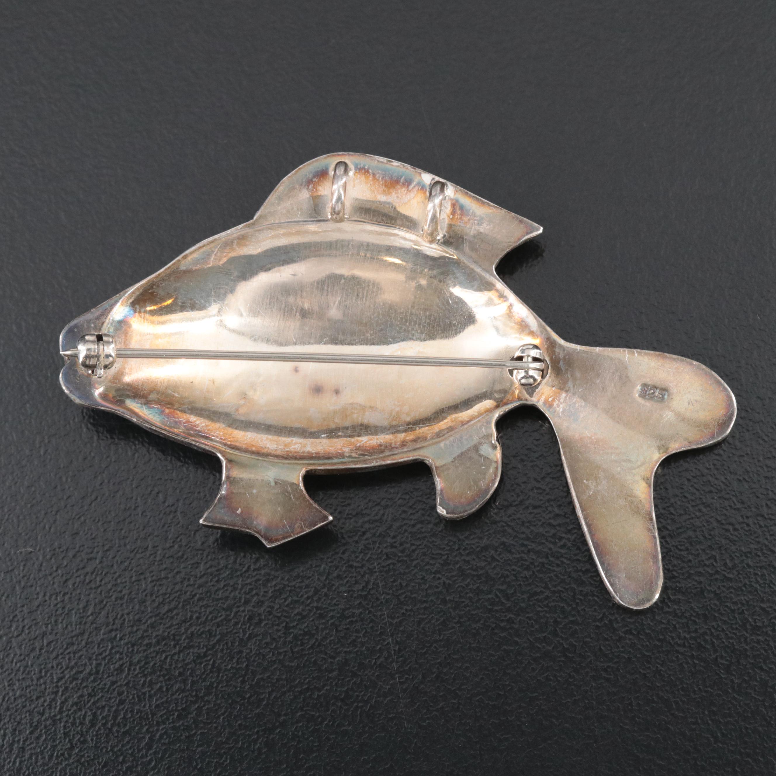 Sterling Abalone and Enamel Inlay Fish Converter Brooch EBTH