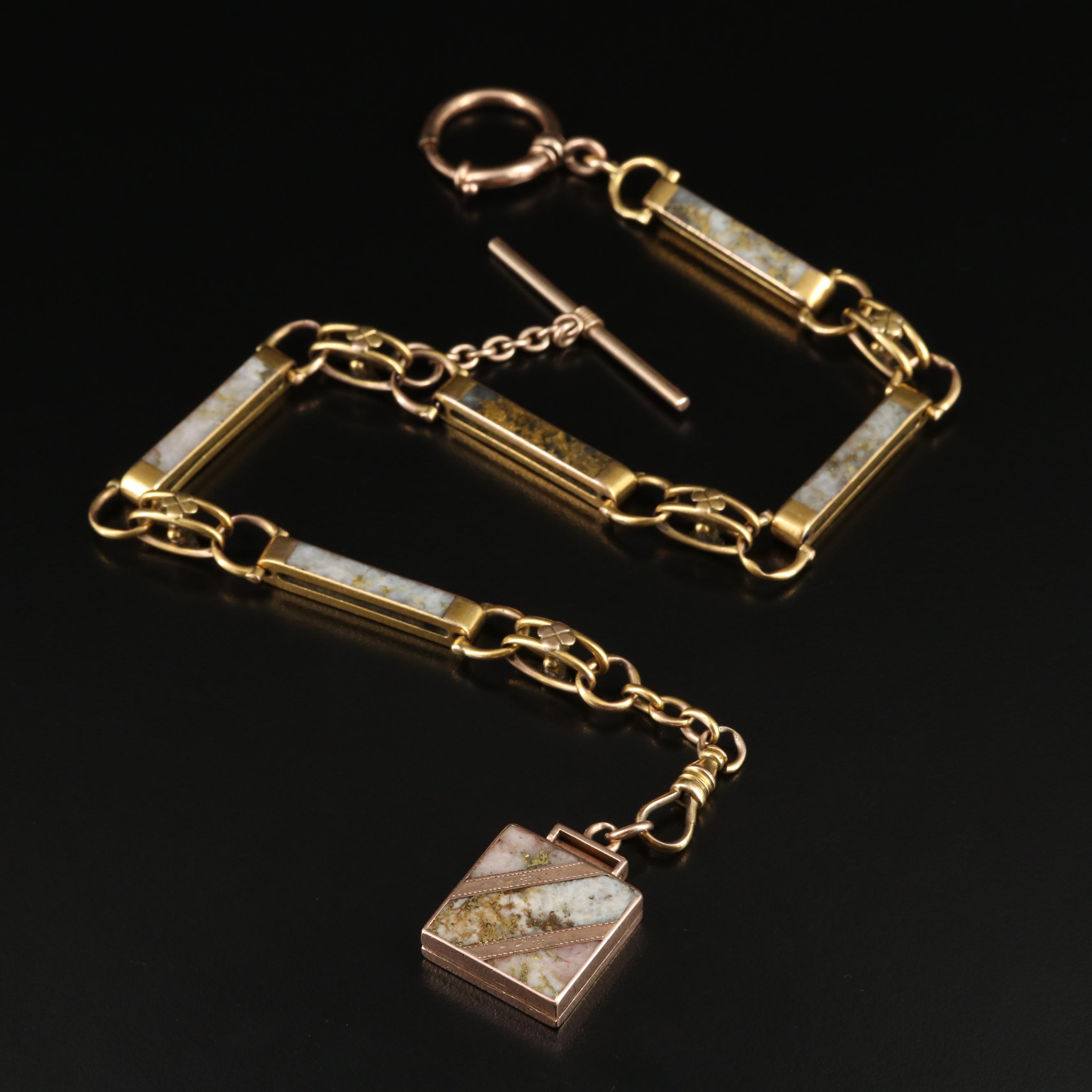 Gold Rush Era 9K Quartz Gold Watch Fob Chain with Locket with Civil War Tintypes