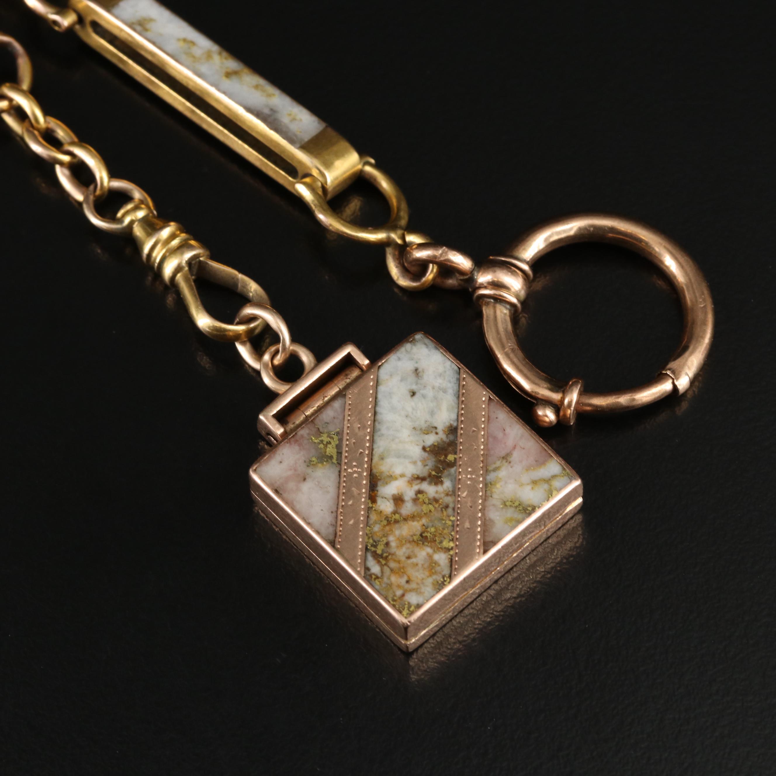 Gold Rush Era 9K Quartz Gold Watch Fob Chain with Locket with Civil War Tintypes