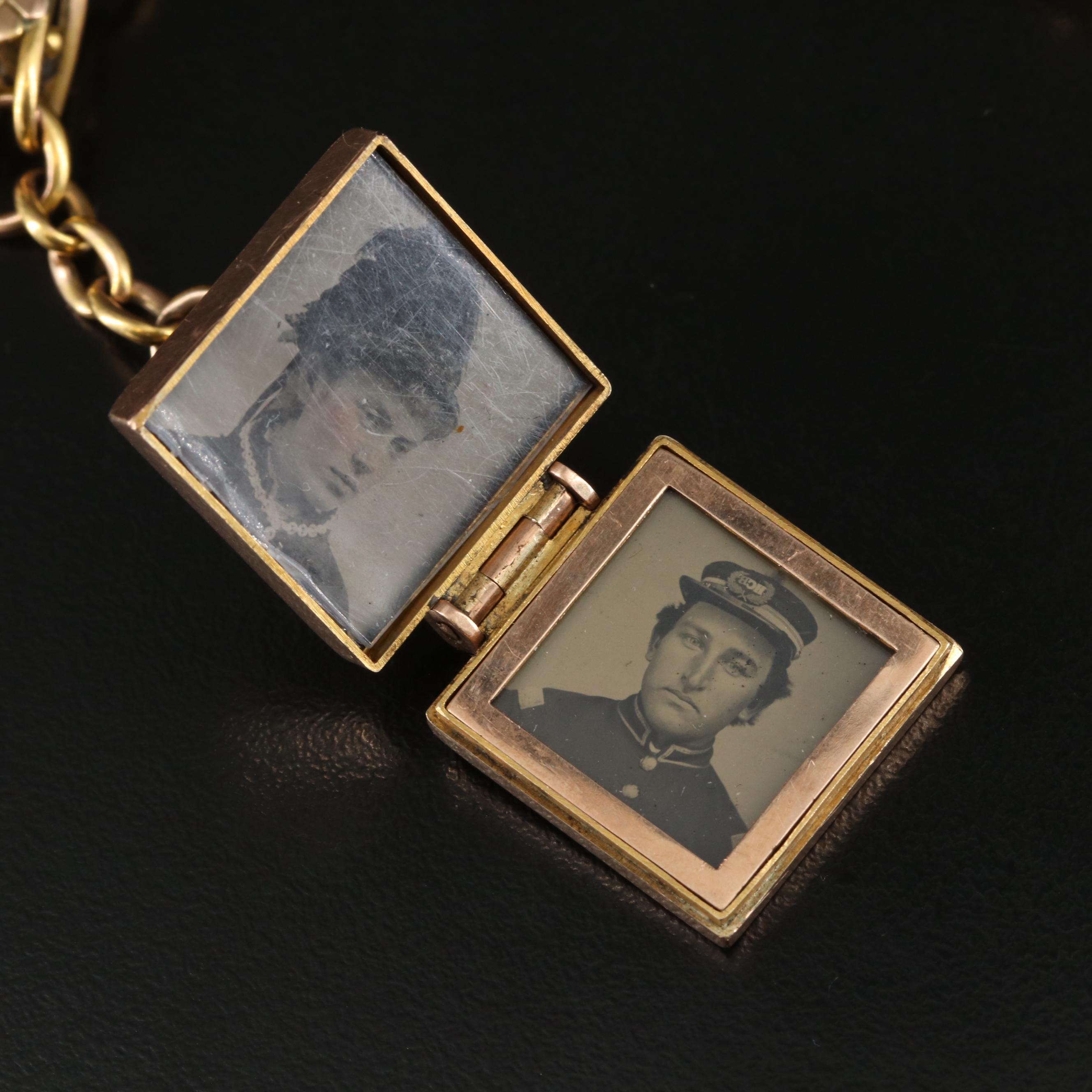 Gold Rush Era 9K Quartz Gold Watch Fob Chain with Locket with Civil War Tintypes