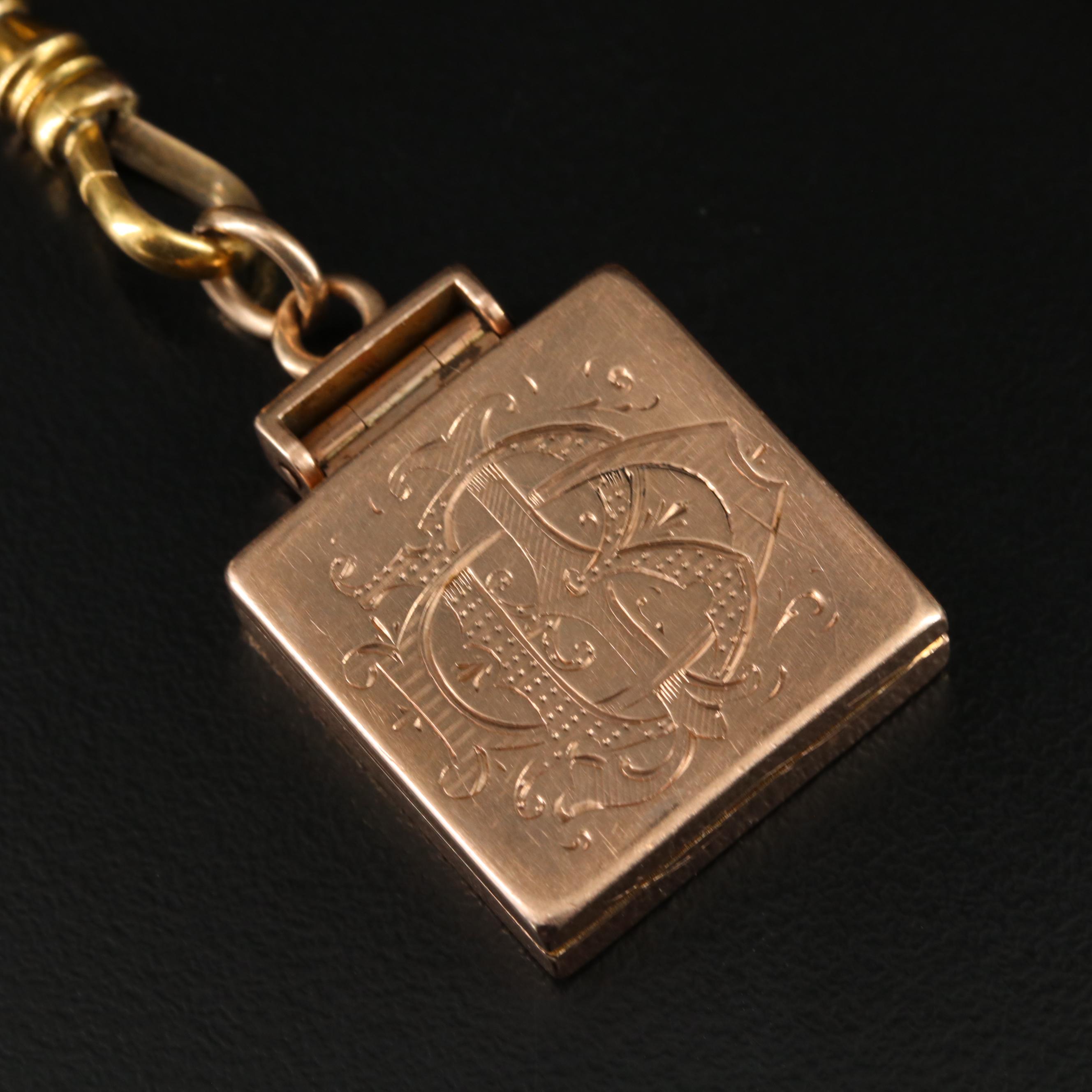 Gold Rush Era 9K Quartz Gold Watch Fob Chain with Locket with Civil War Tintypes