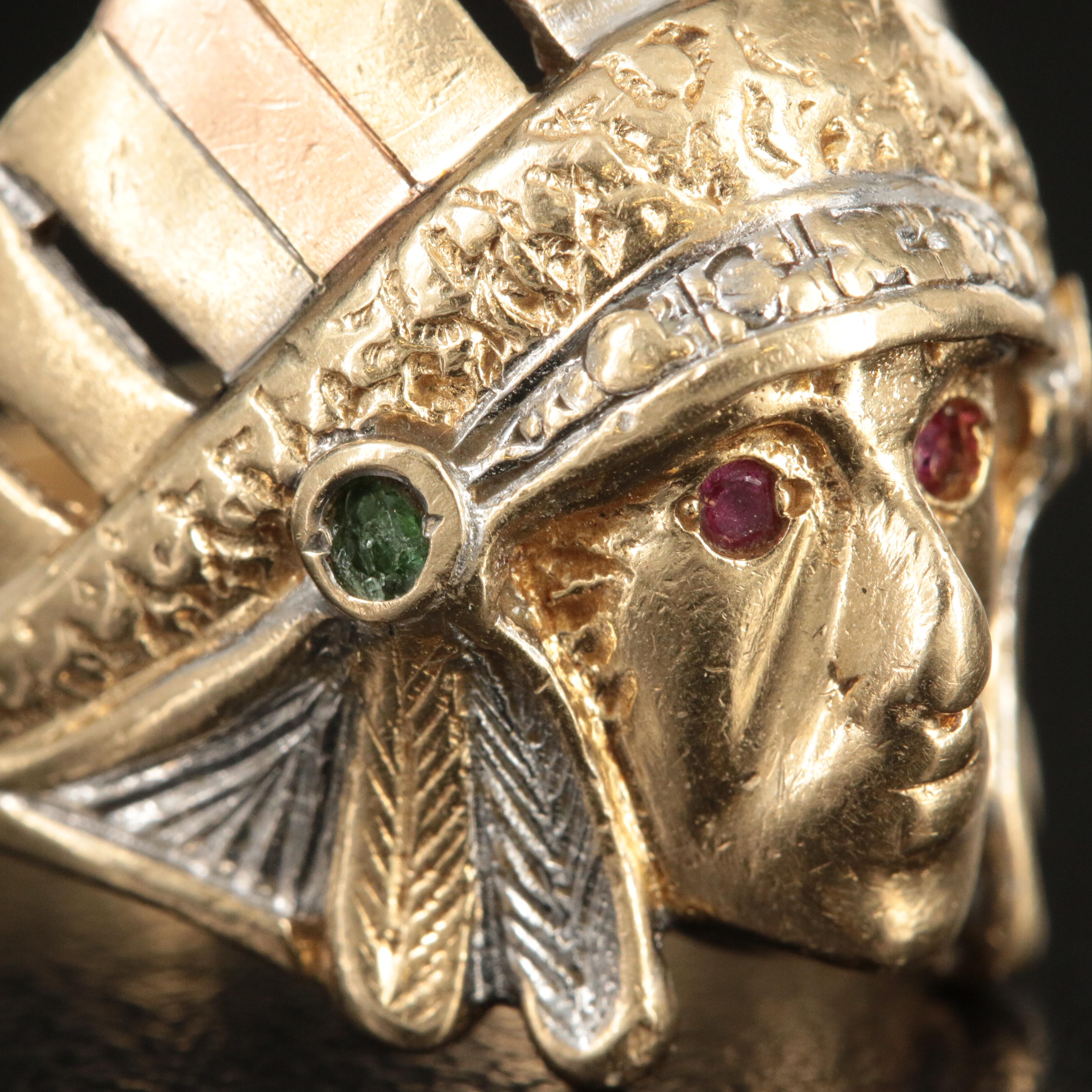 14K Indian Head Ring with Rose Gold Accents and Ruby Accents