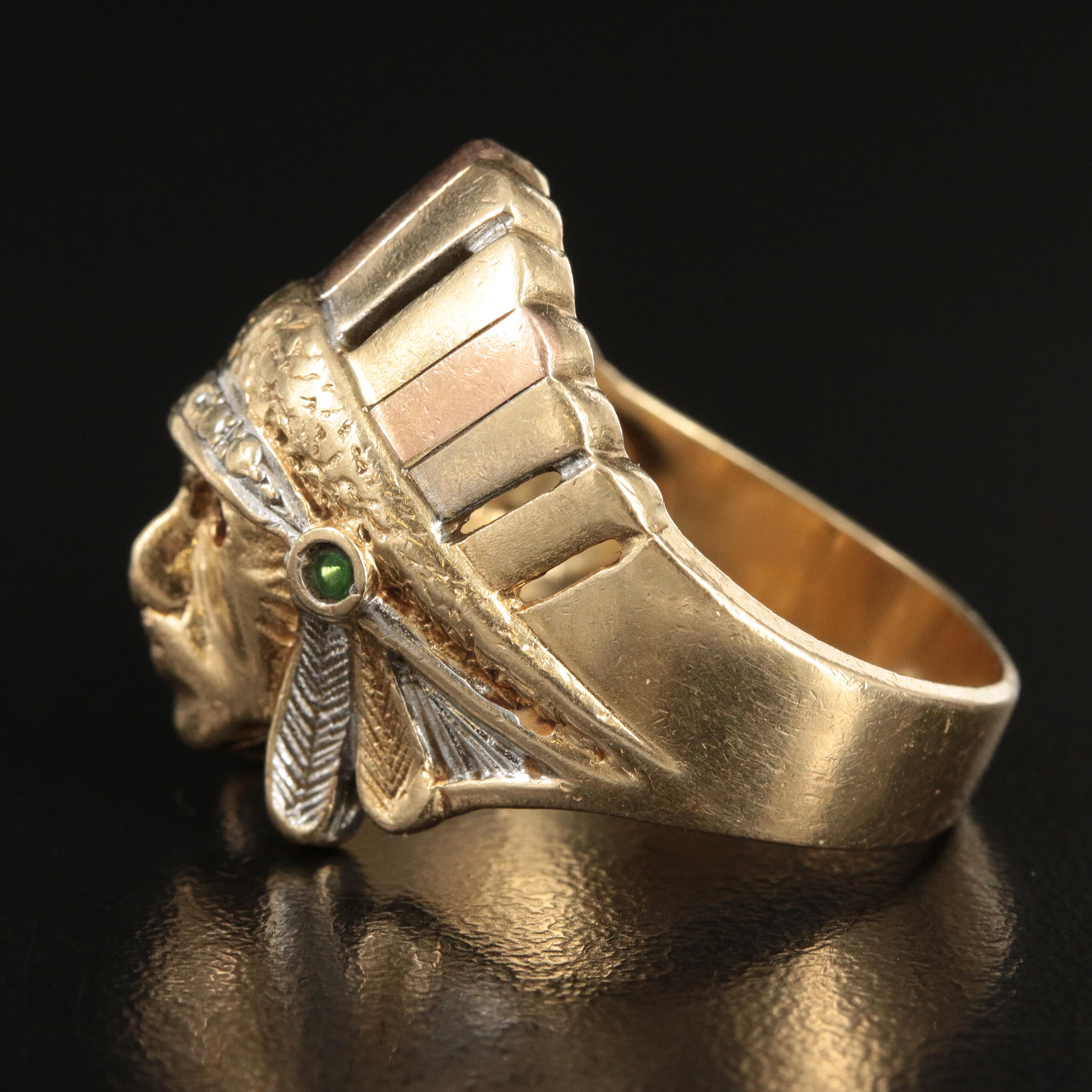 14K Indian Head Ring with Rose Gold Accents and Ruby Accents