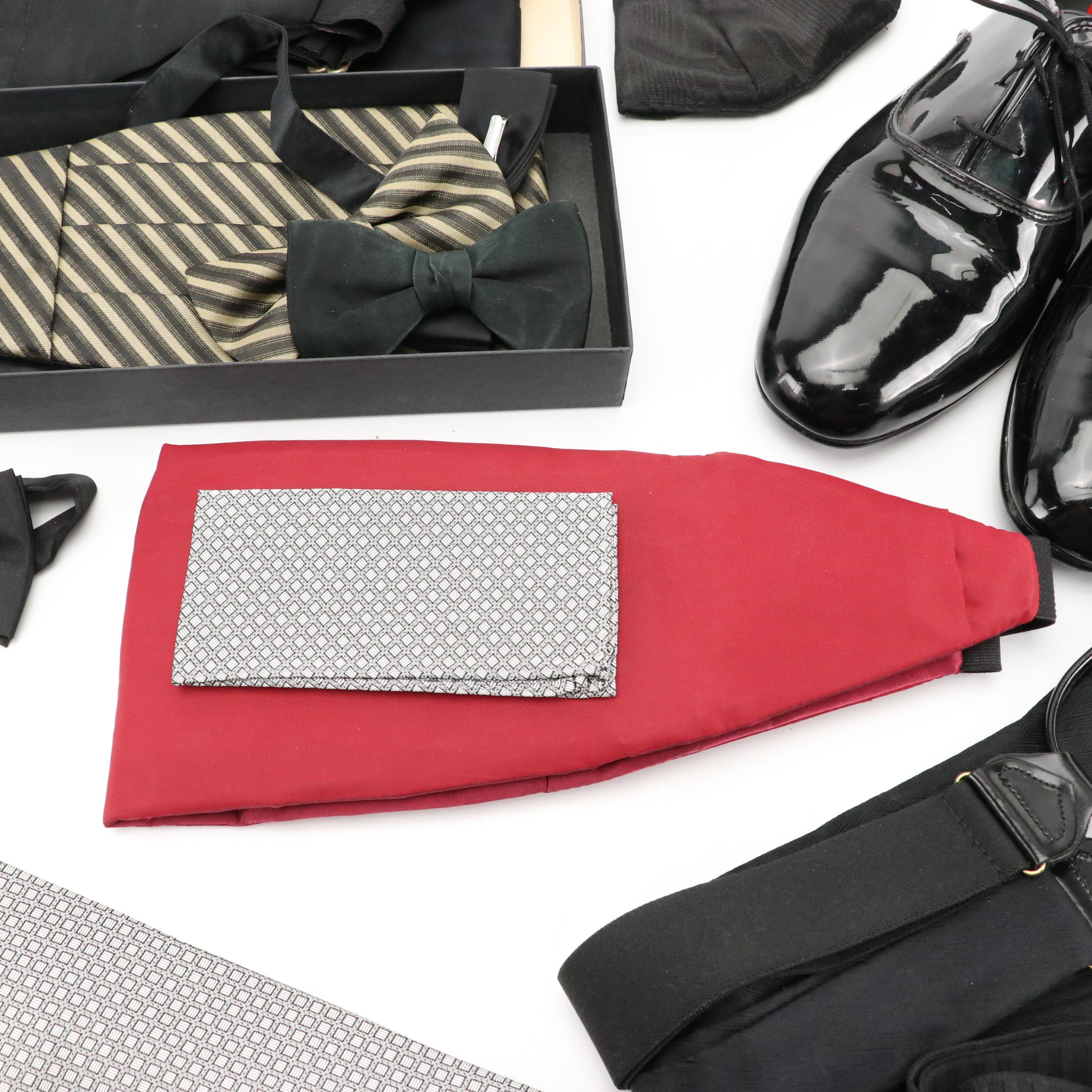 Men's Tuxedo Cummerbund, Bow Tie, Accessories, Patent Leather Dress Shoes, etc.