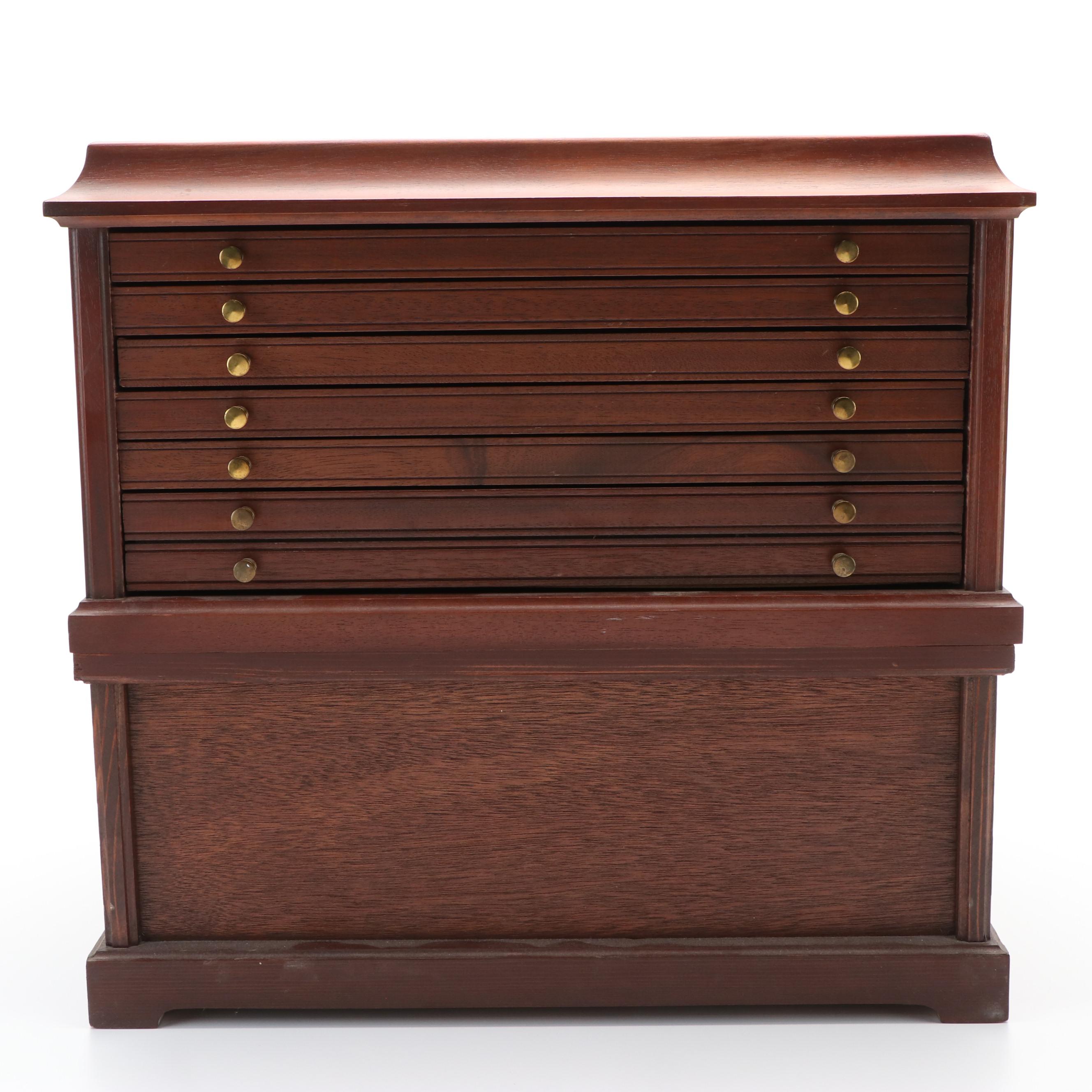 Large Wooden Coin Cabinet and Fourteen Sterling Silver Franklin Mint Medals