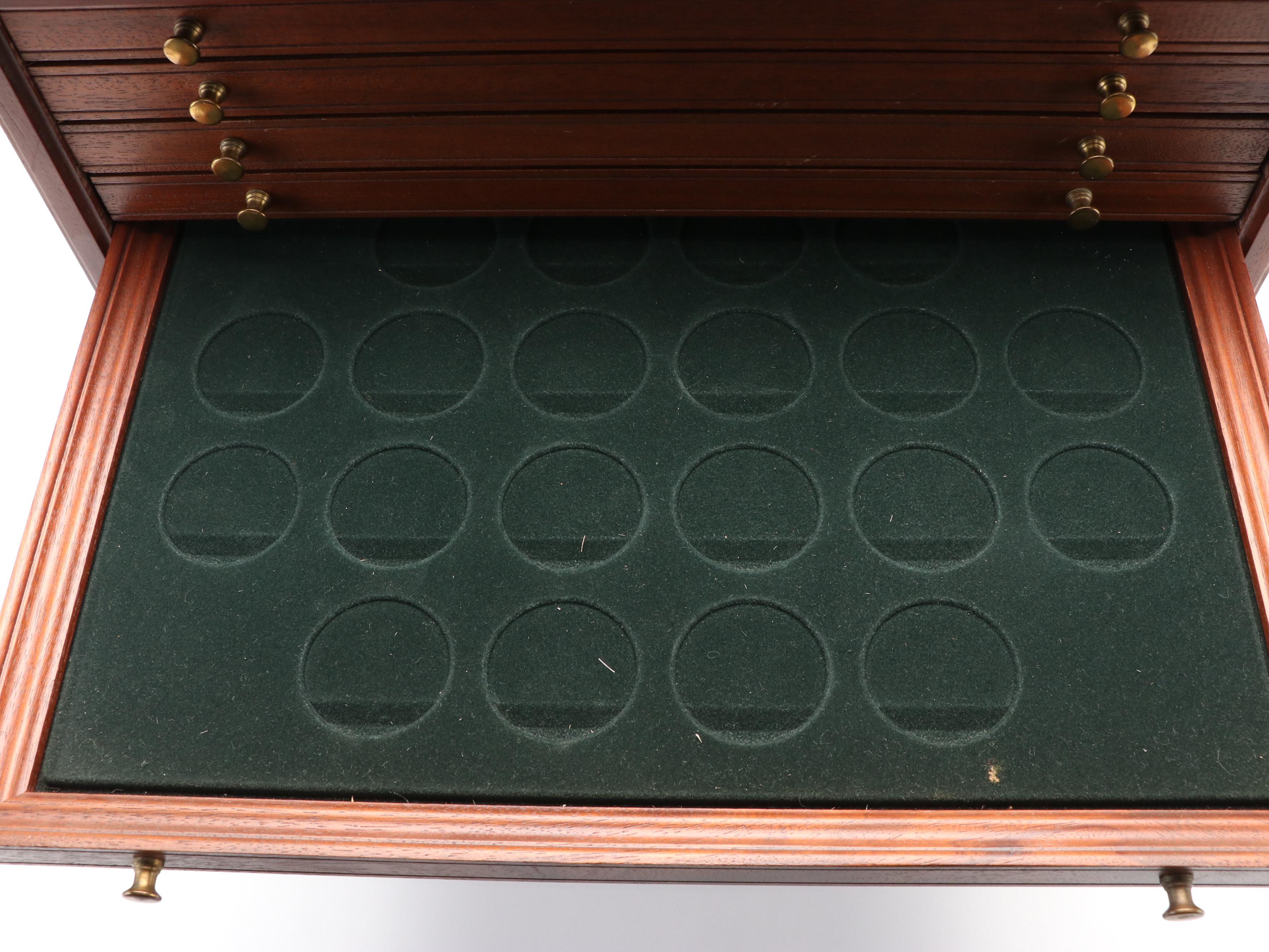 Large Wooden Coin Cabinet and Fourteen Sterling Silver Franklin Mint Medals