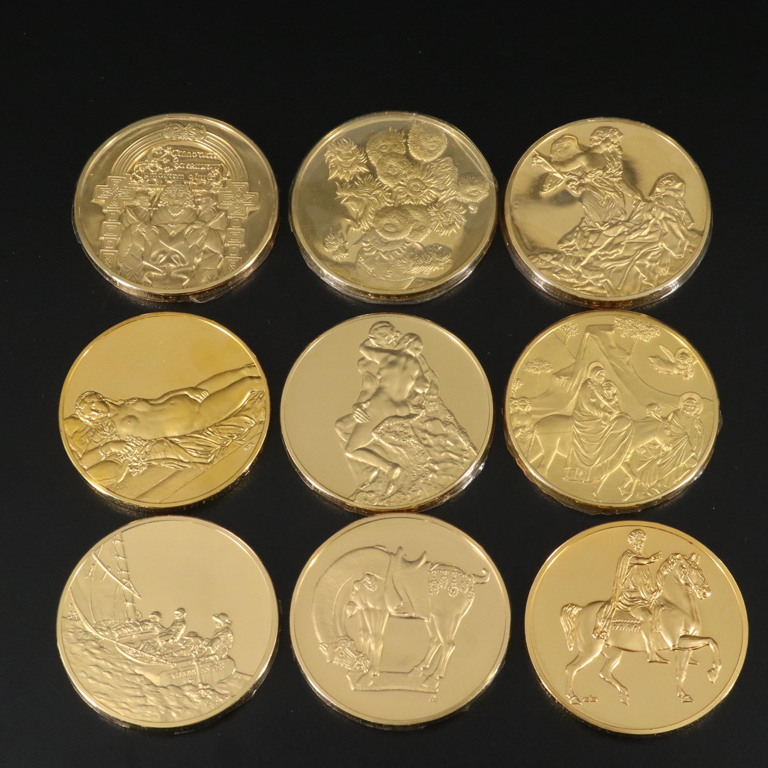 Large Wooden Coin Cabinet and Fourteen Sterling Silver Franklin Mint Medals