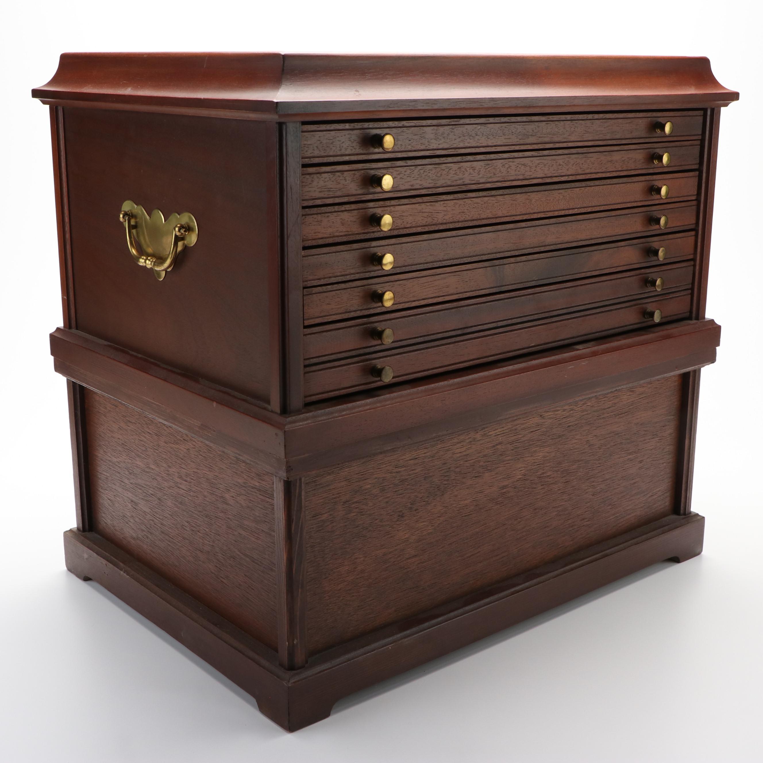 Large Wooden Coin Cabinet and Fourteen Sterling Silver Franklin Mint Medals