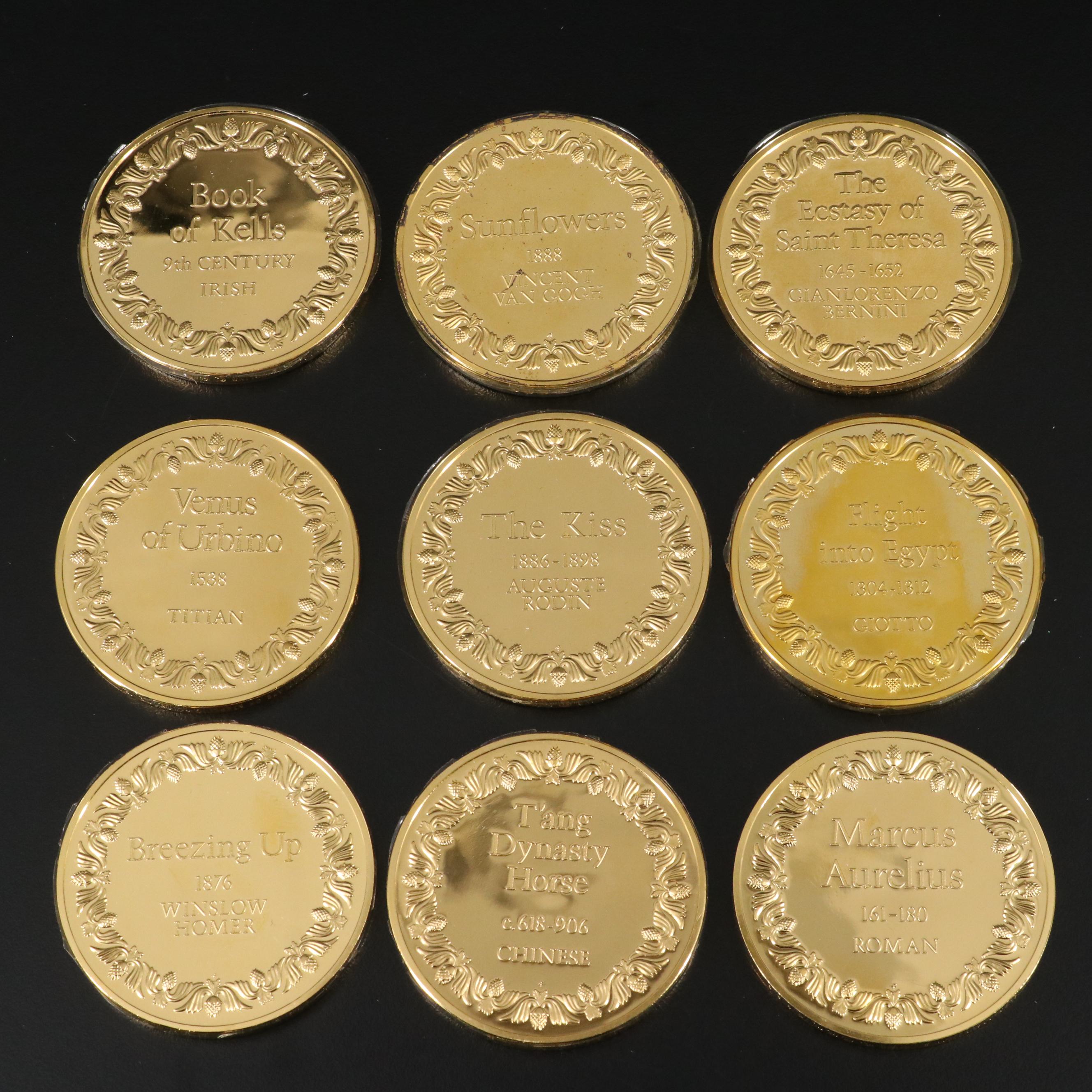 Large Wooden Coin Cabinet and Fourteen Sterling Silver Franklin Mint Medals