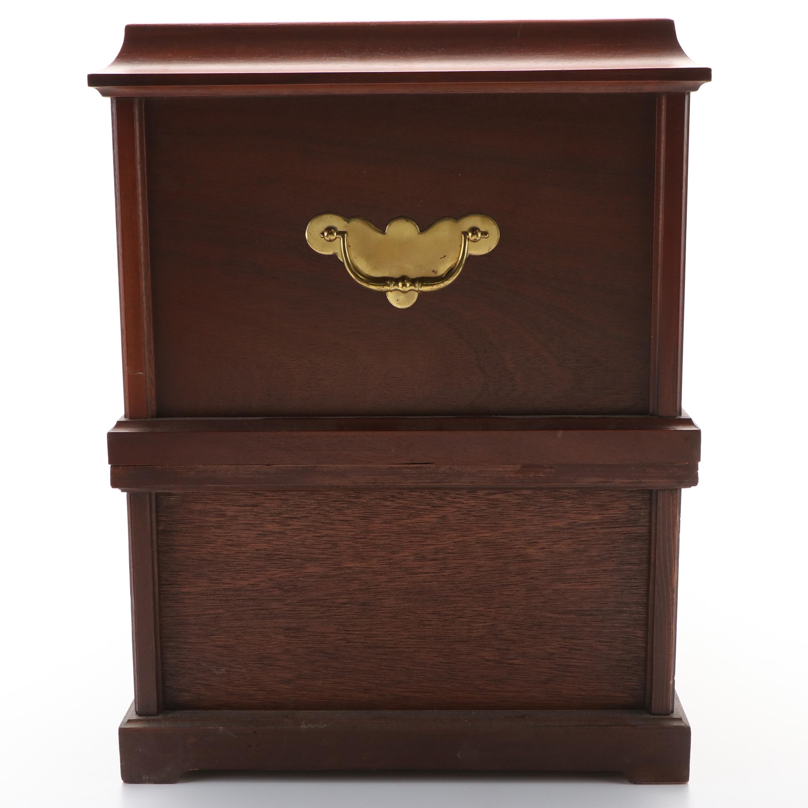 Large Wooden Coin Cabinet and Fourteen Sterling Silver Franklin Mint Medals