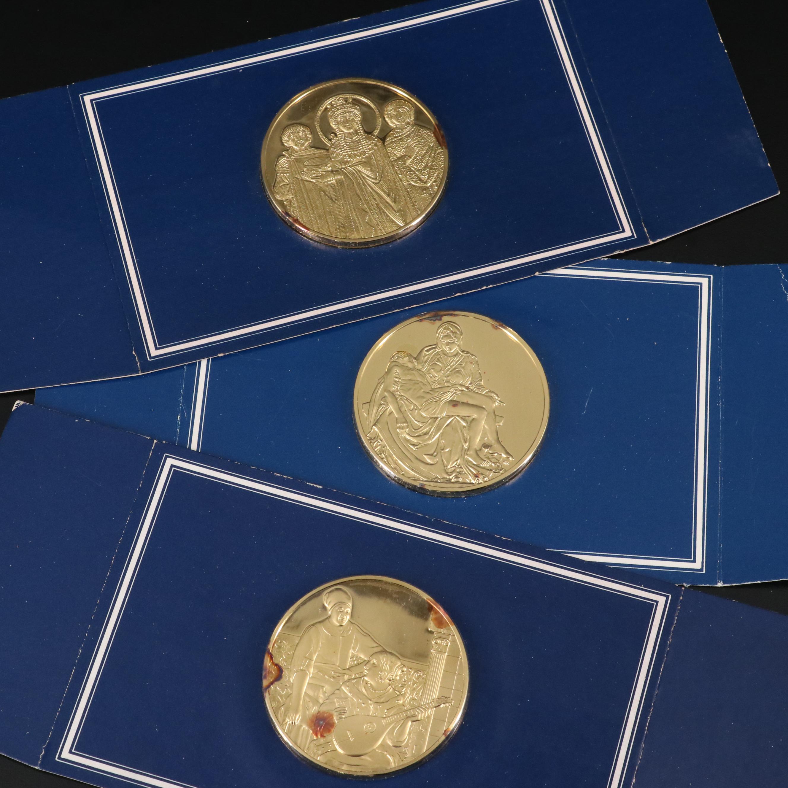 Large Wooden Coin Cabinet and Fourteen Sterling Silver Franklin Mint Medals