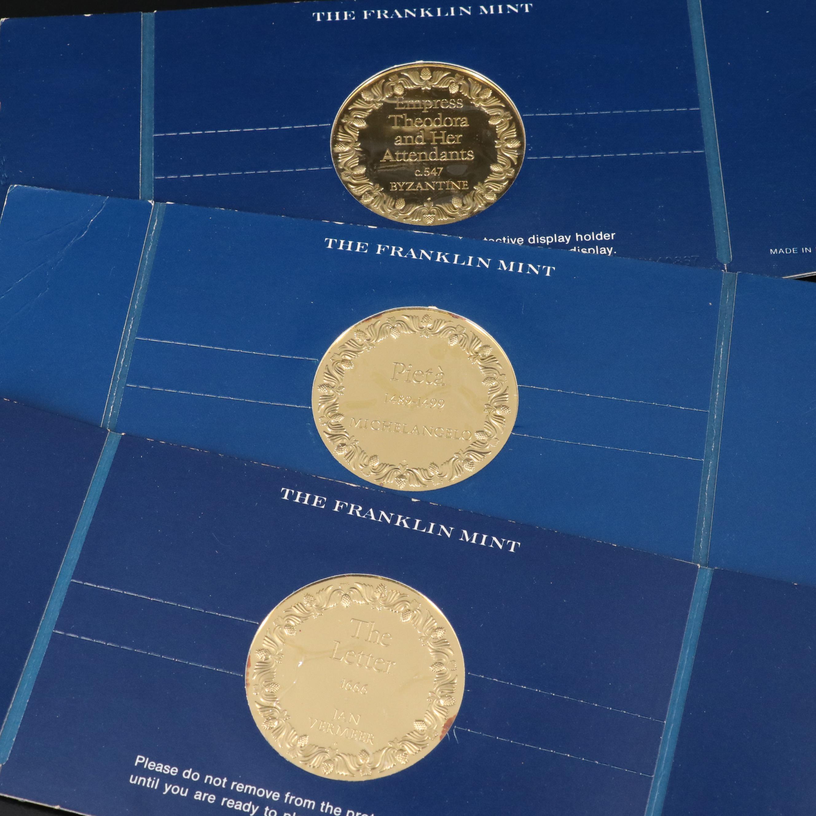 Large Wooden Coin Cabinet and Fourteen Sterling Silver Franklin Mint Medals