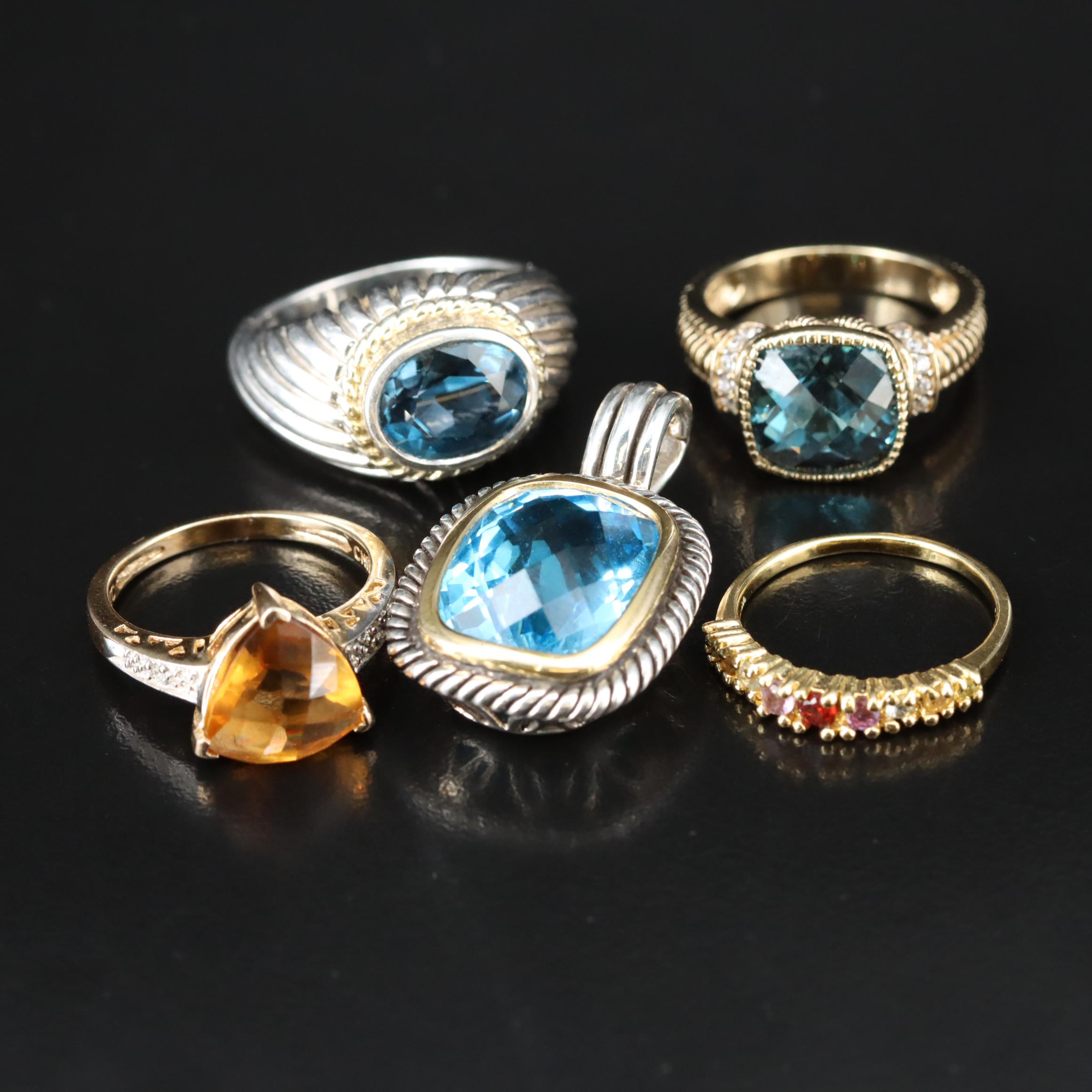 Sterling with Topaz, Spinel and Glass Rings and Topaz Enhancer Pendant