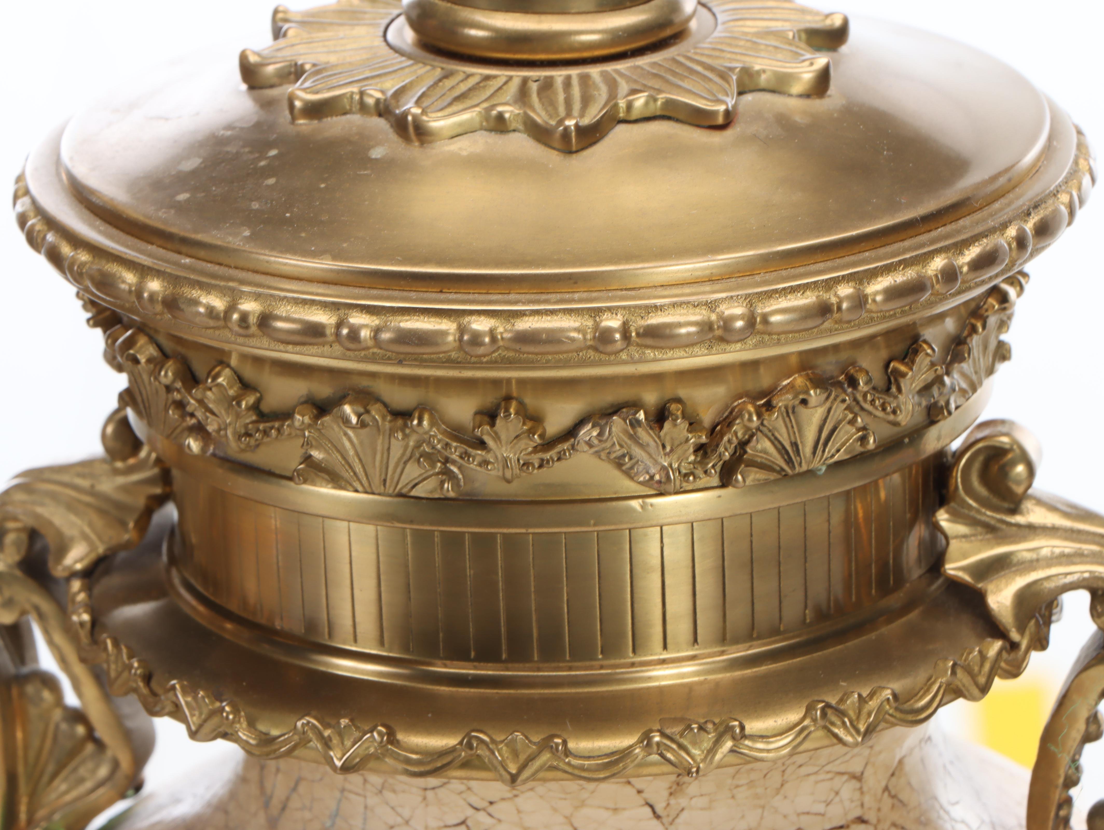 Pair of Decorative Crafts Crackle Glaze Ceramic and Brass Mount Table Lamps