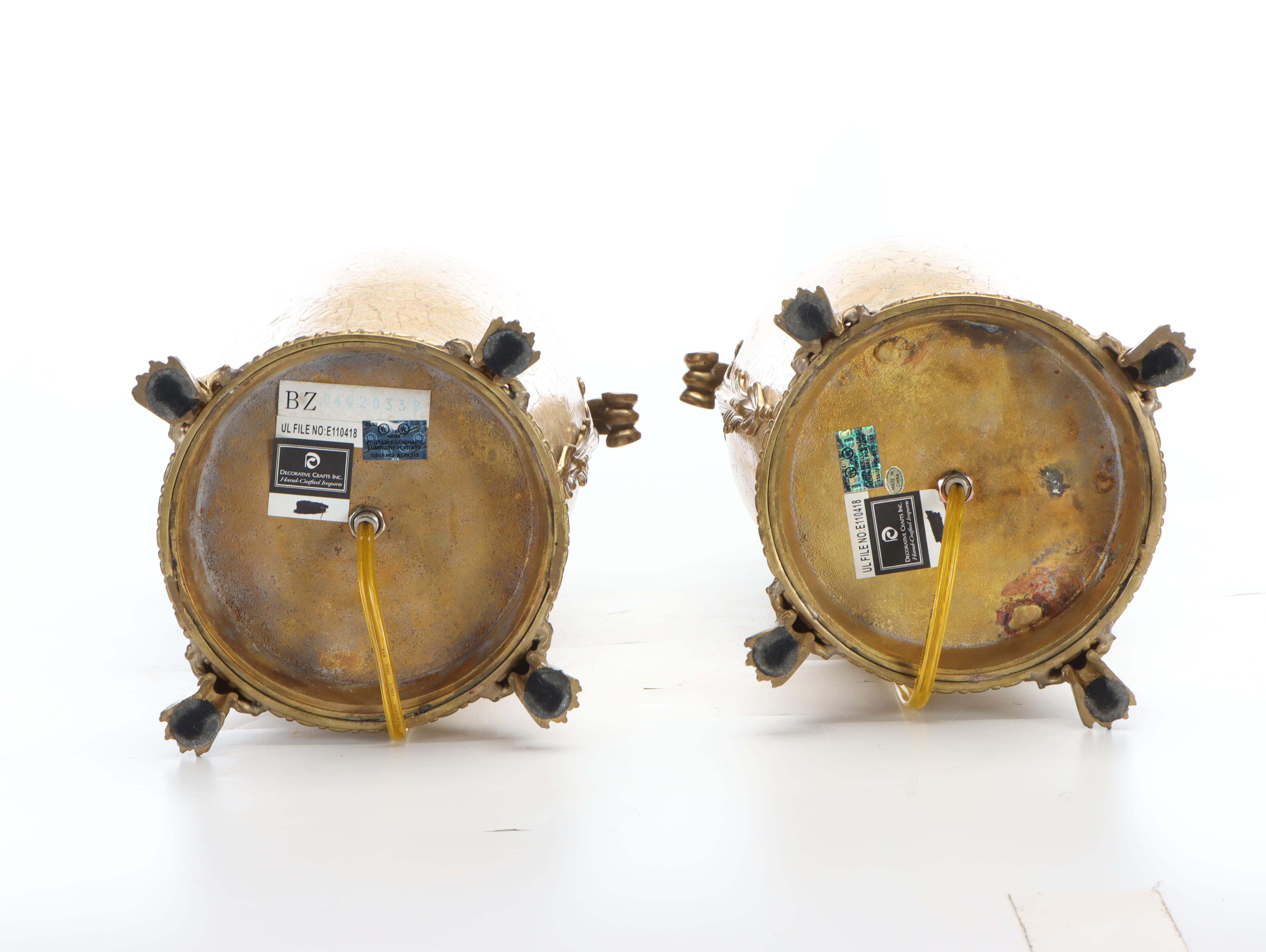 Pair of Decorative Crafts Crackle Glaze Ceramic and Brass Mount Table Lamps