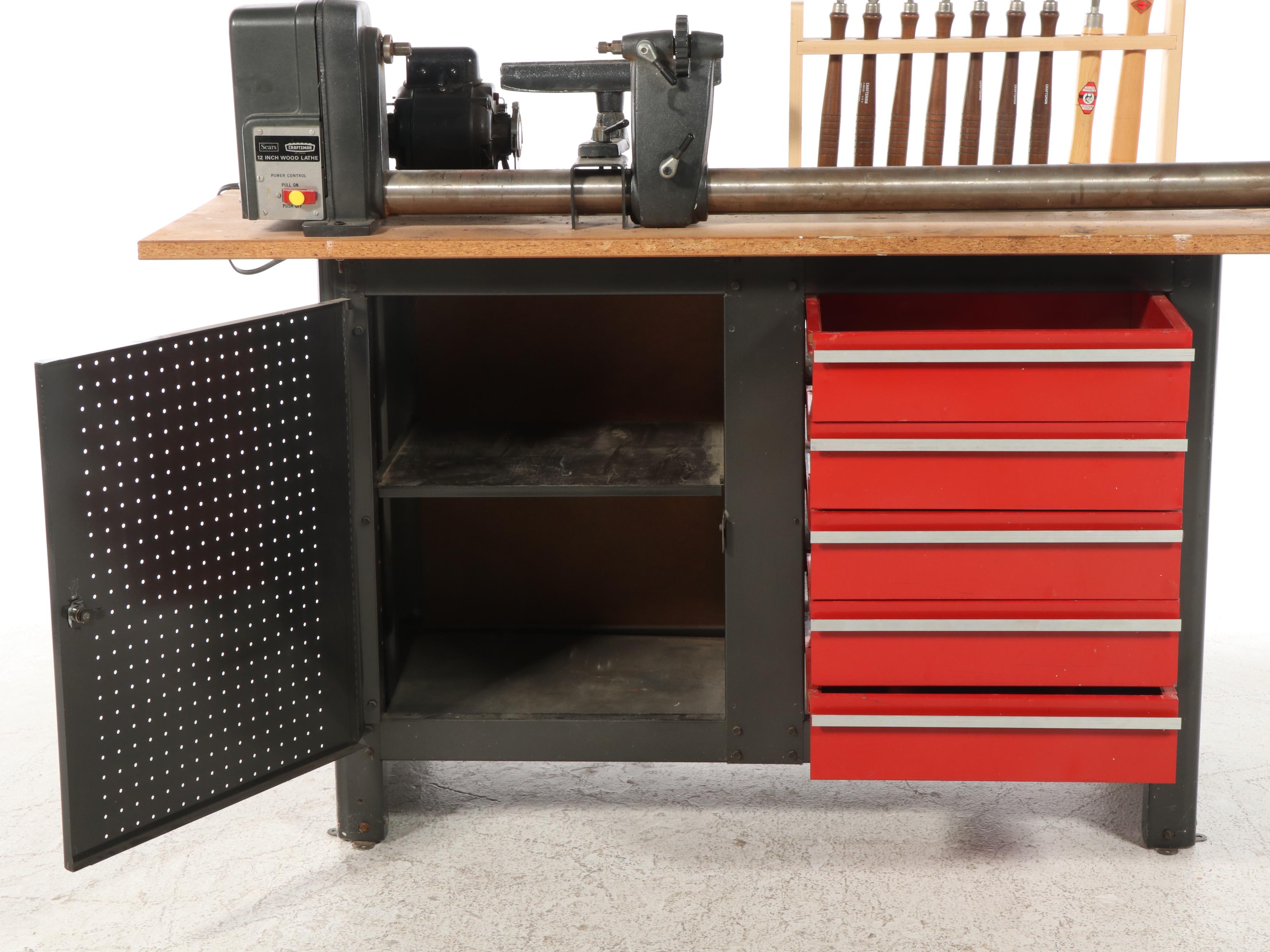 Sears Craftsman 12" Wood Lathe With Turning Tools and Storage Cabinet