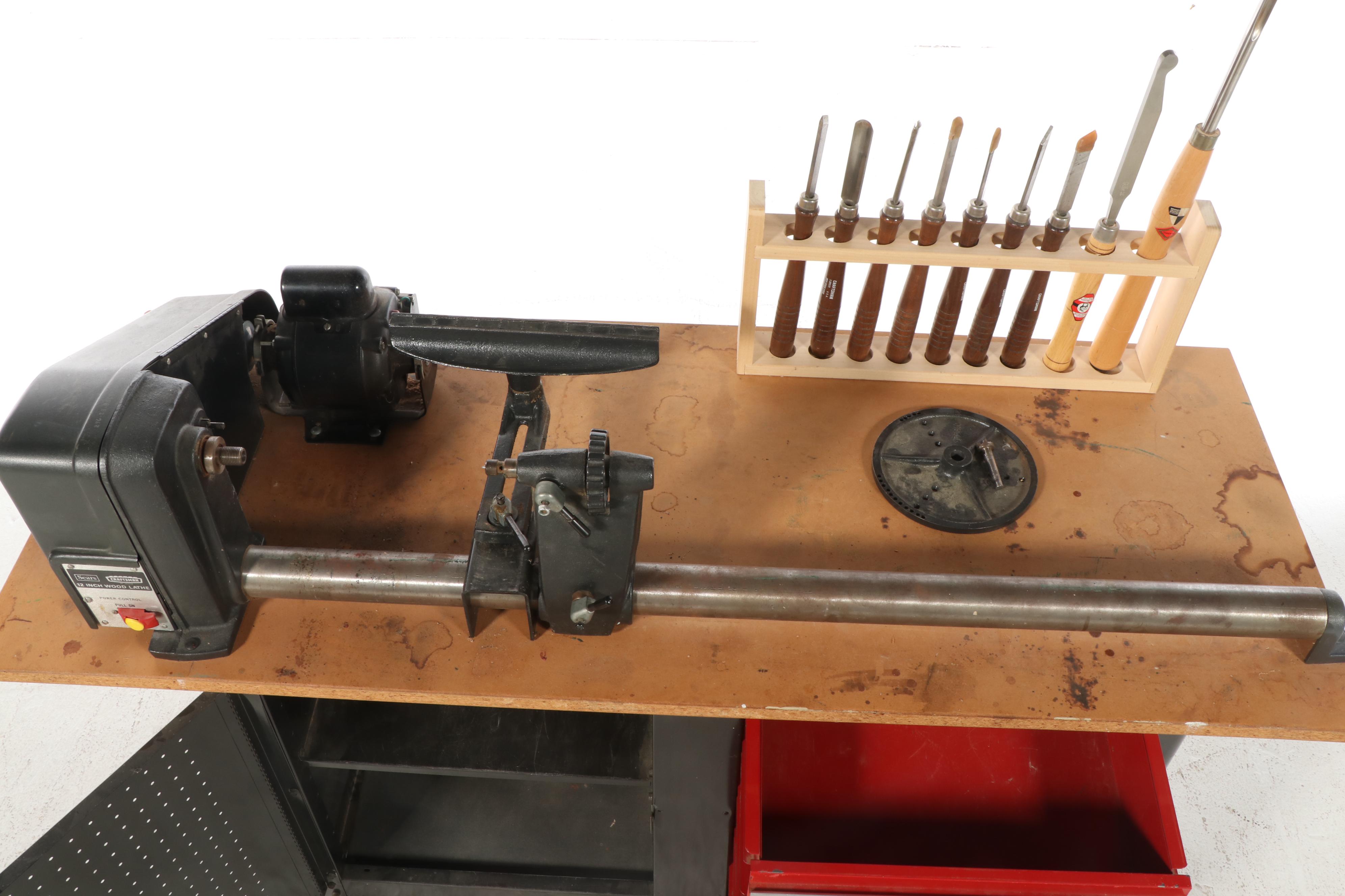 Sears Craftsman 12" Wood Lathe With Turning Tools and Storage Cabinet