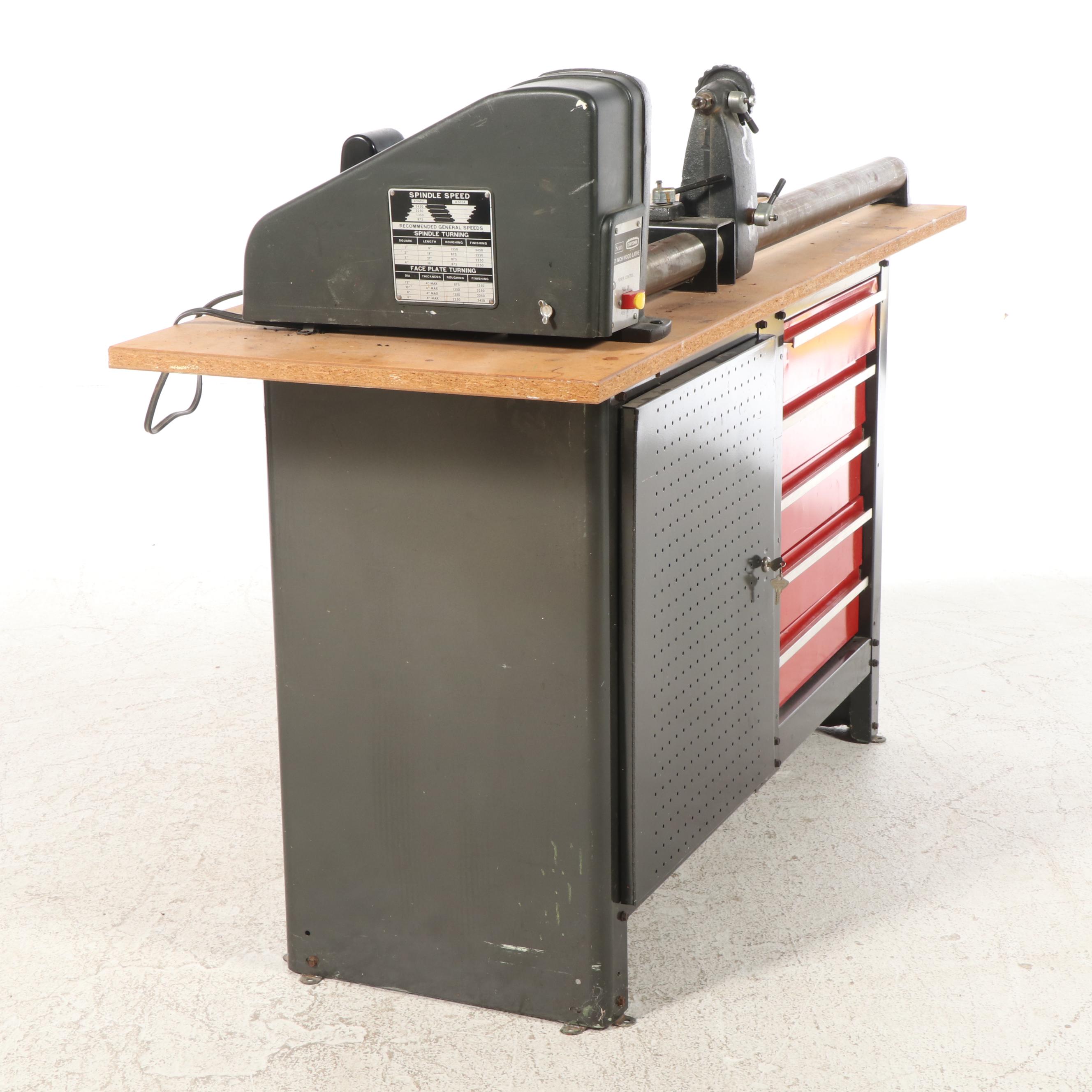Sears Craftsman 12" Wood Lathe With Turning Tools and Storage Cabinet