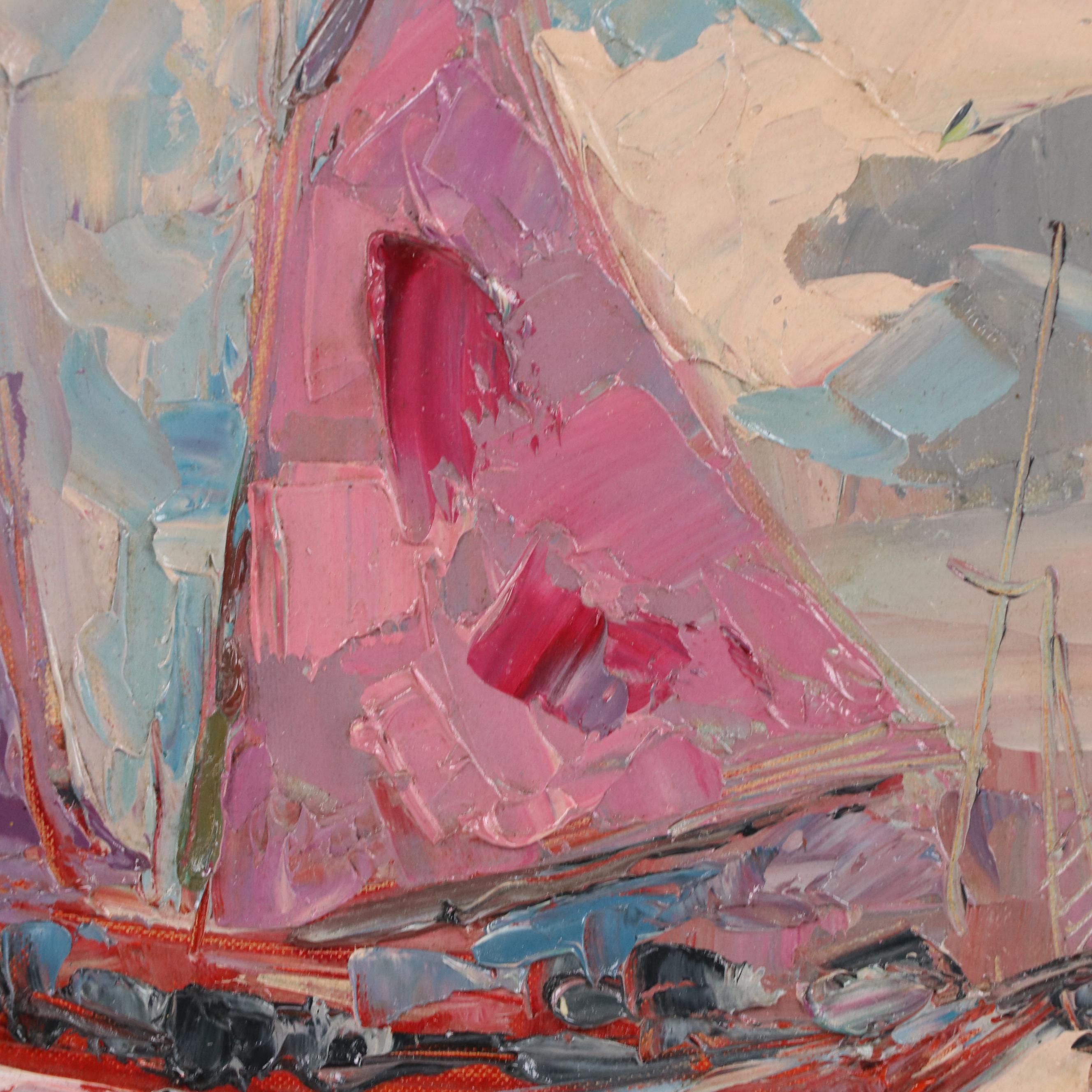 Jade Pasteur Palette Knife Oil Painting of Seascape with Boat