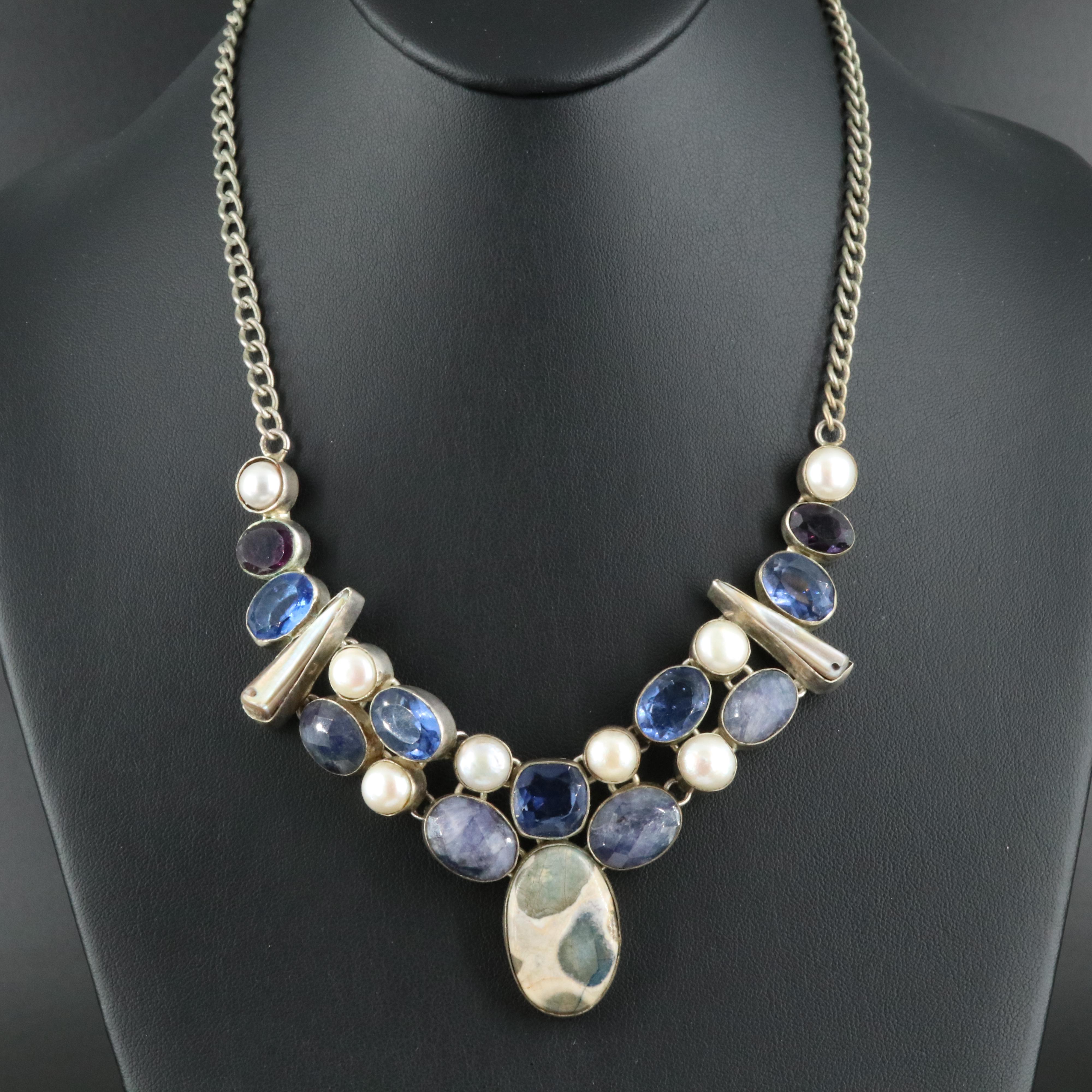 Sterling Corundum, Glass and Faux Pearl Necklace