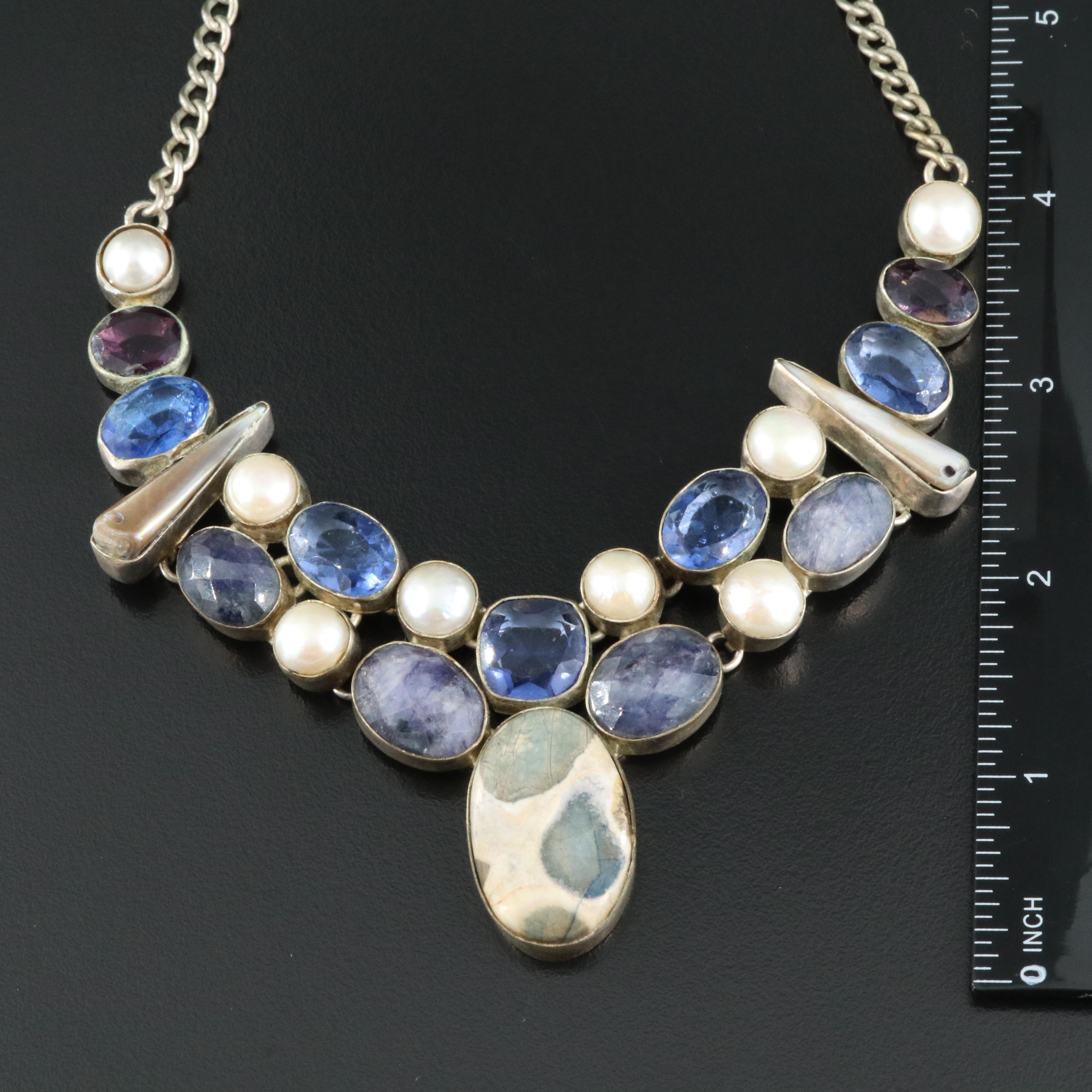Sterling Corundum, Glass and Faux Pearl Necklace