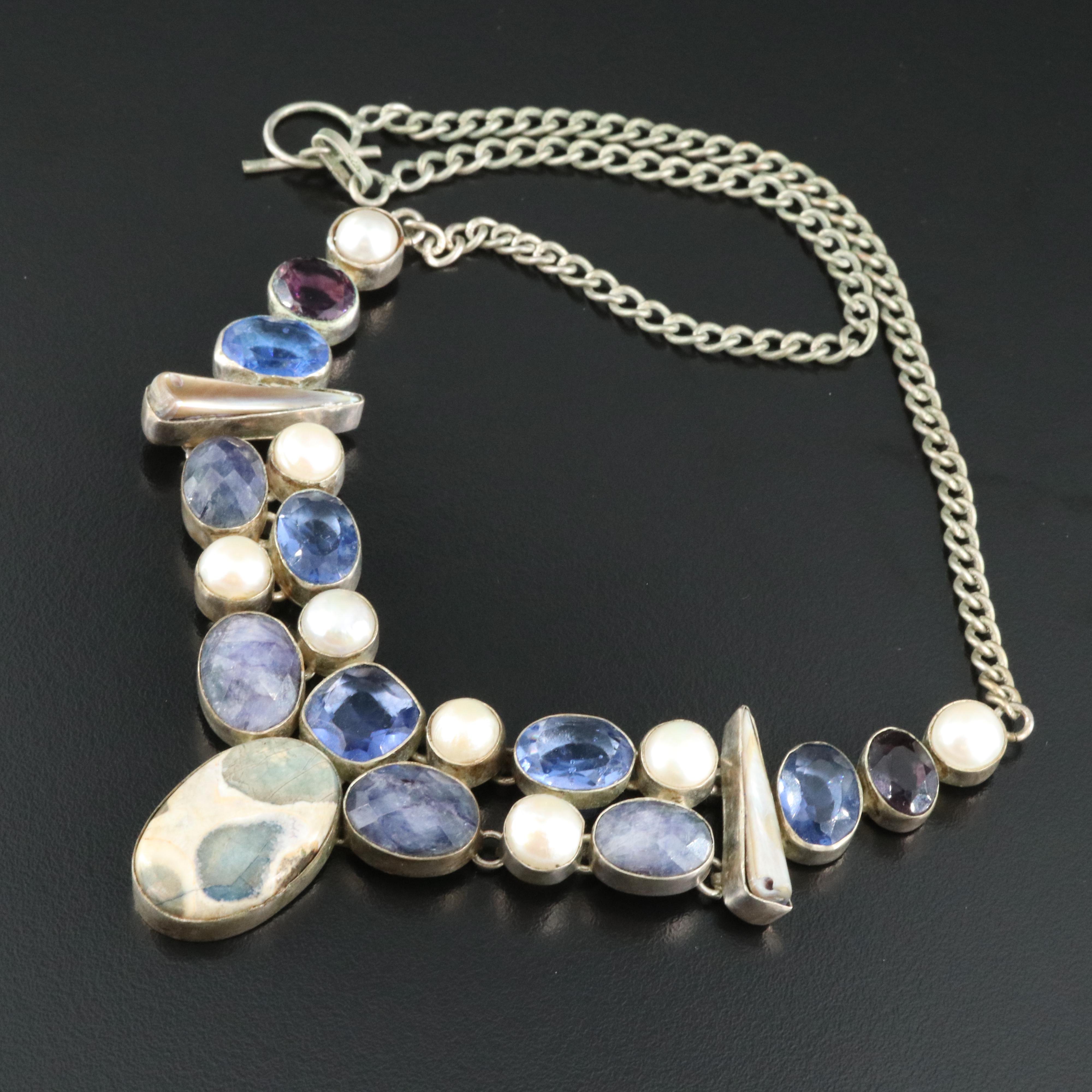 Sterling Corundum, Glass and Faux Pearl Necklace