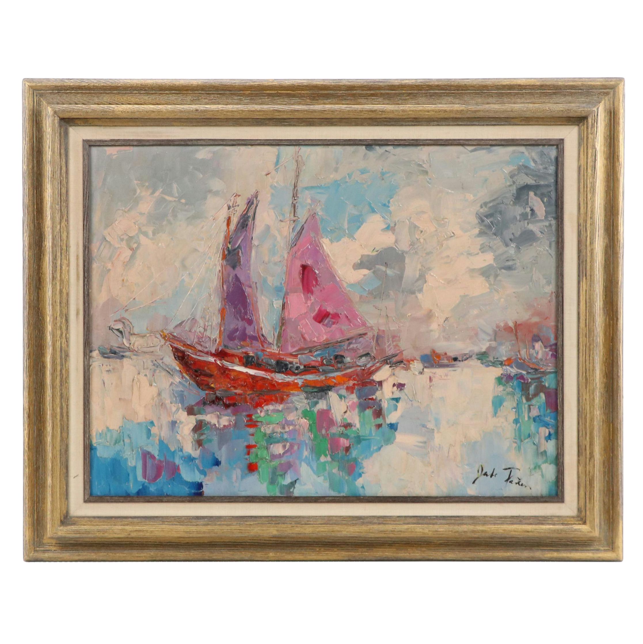 Jade Pasteur Palette Knife Oil Painting of Seascape with Boat