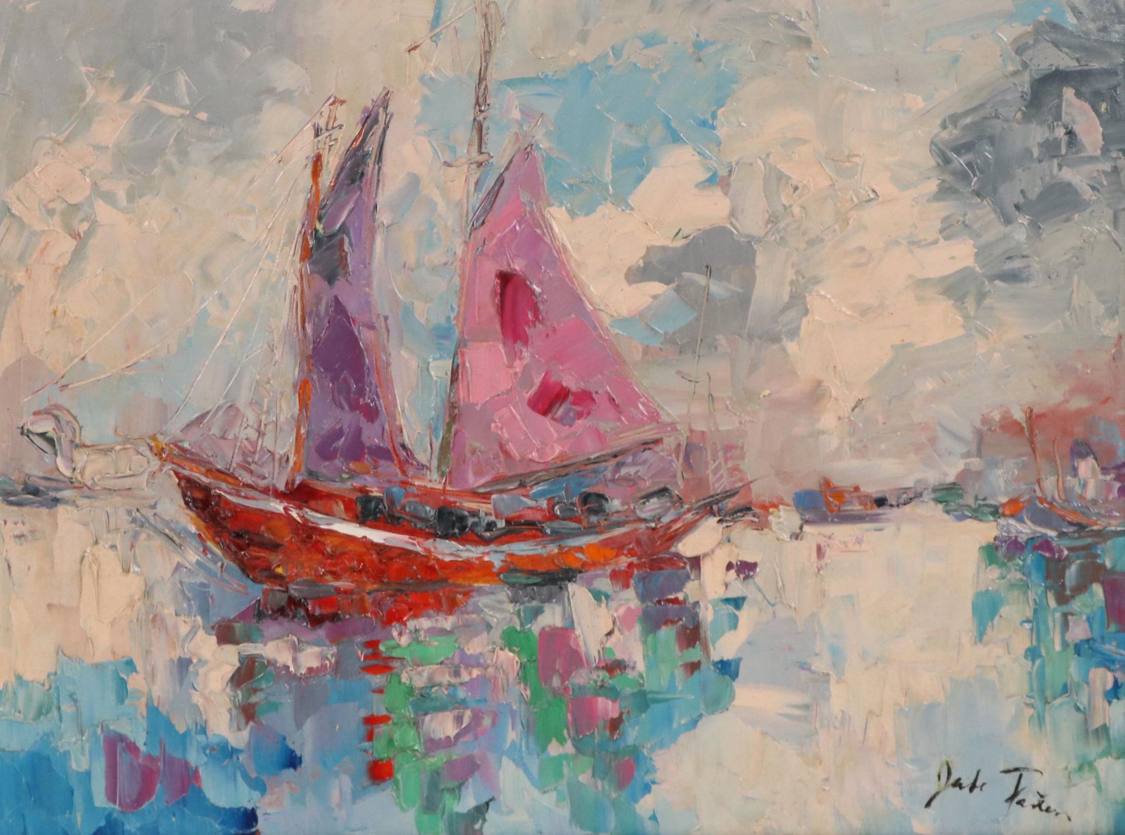 Jade Pasteur Palette Knife Oil Painting of Seascape with Boat