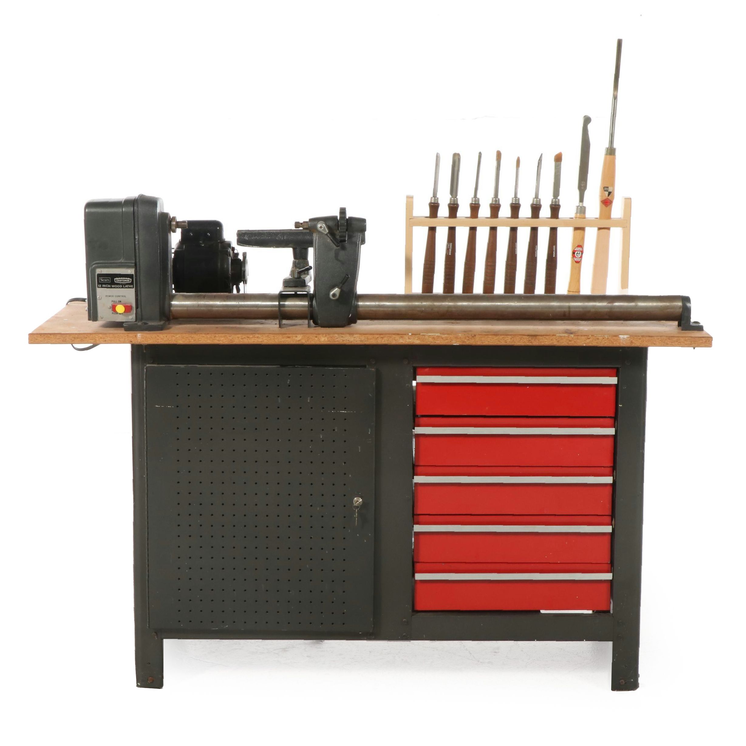 Sears Craftsman 12" Wood Lathe With Turning Tools and Storage Cabinet