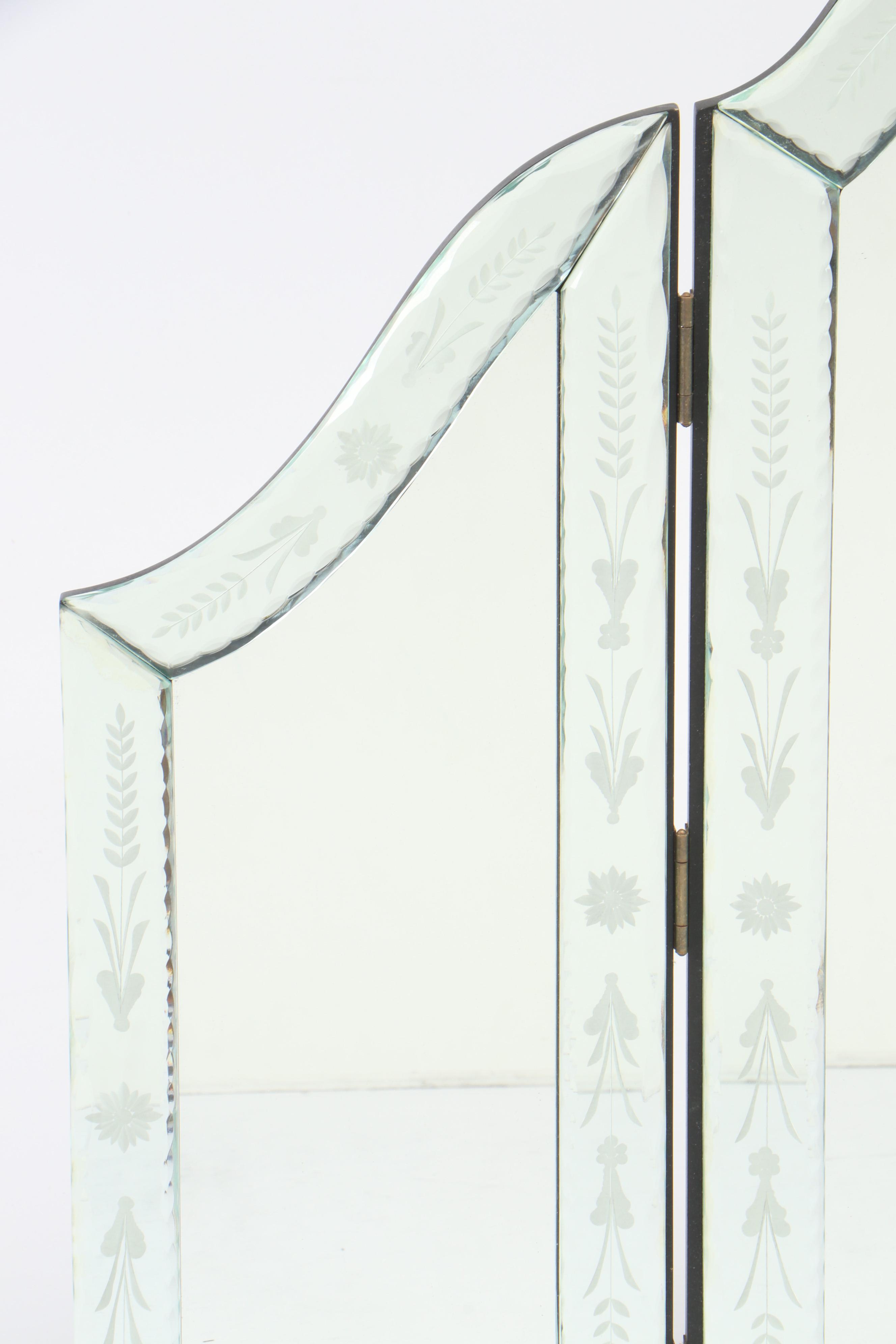 Floral Motif Etched Tri-Fold Vanity Mirror