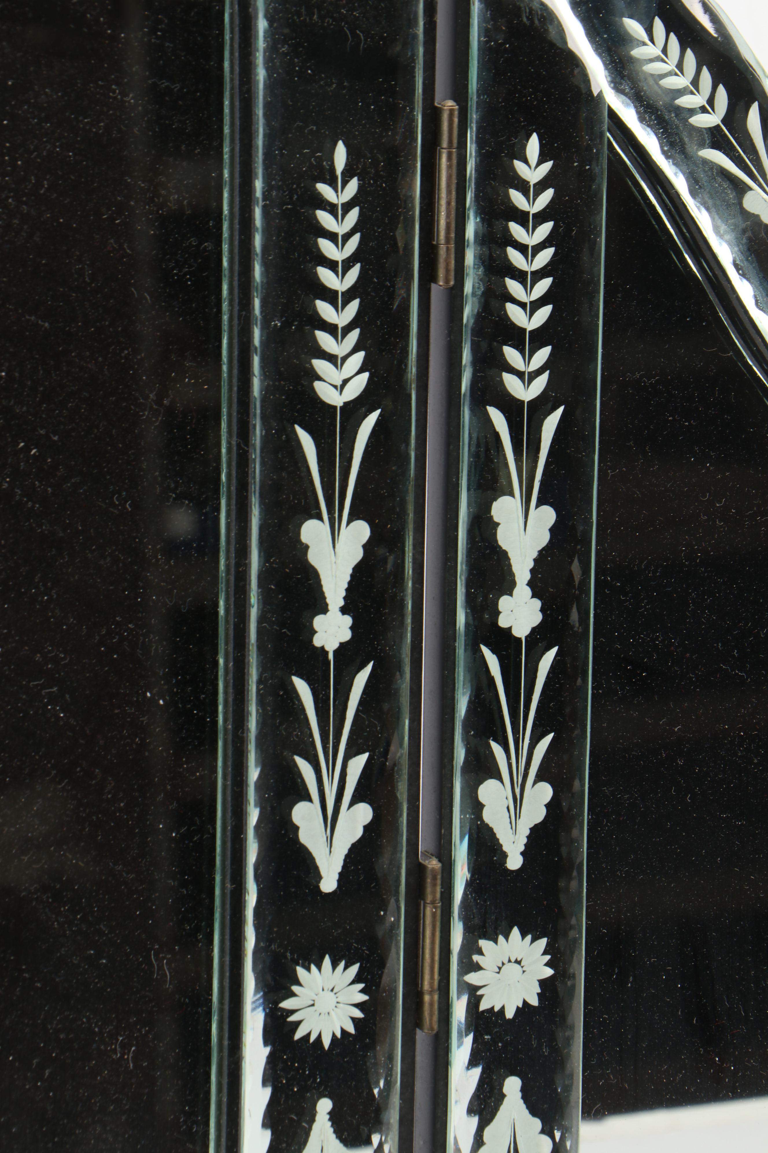 Floral Motif Etched Tri-Fold Vanity Mirror