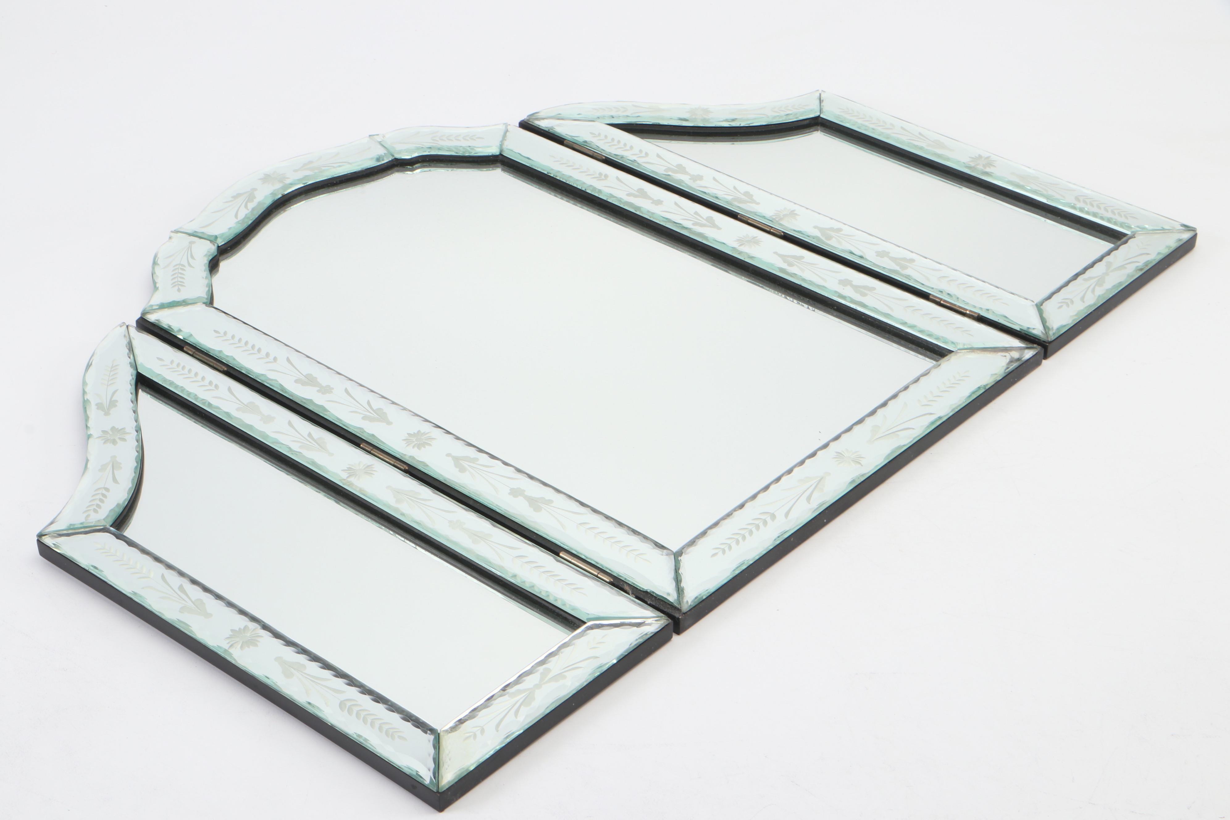 Floral Motif Etched Tri-Fold Vanity Mirror