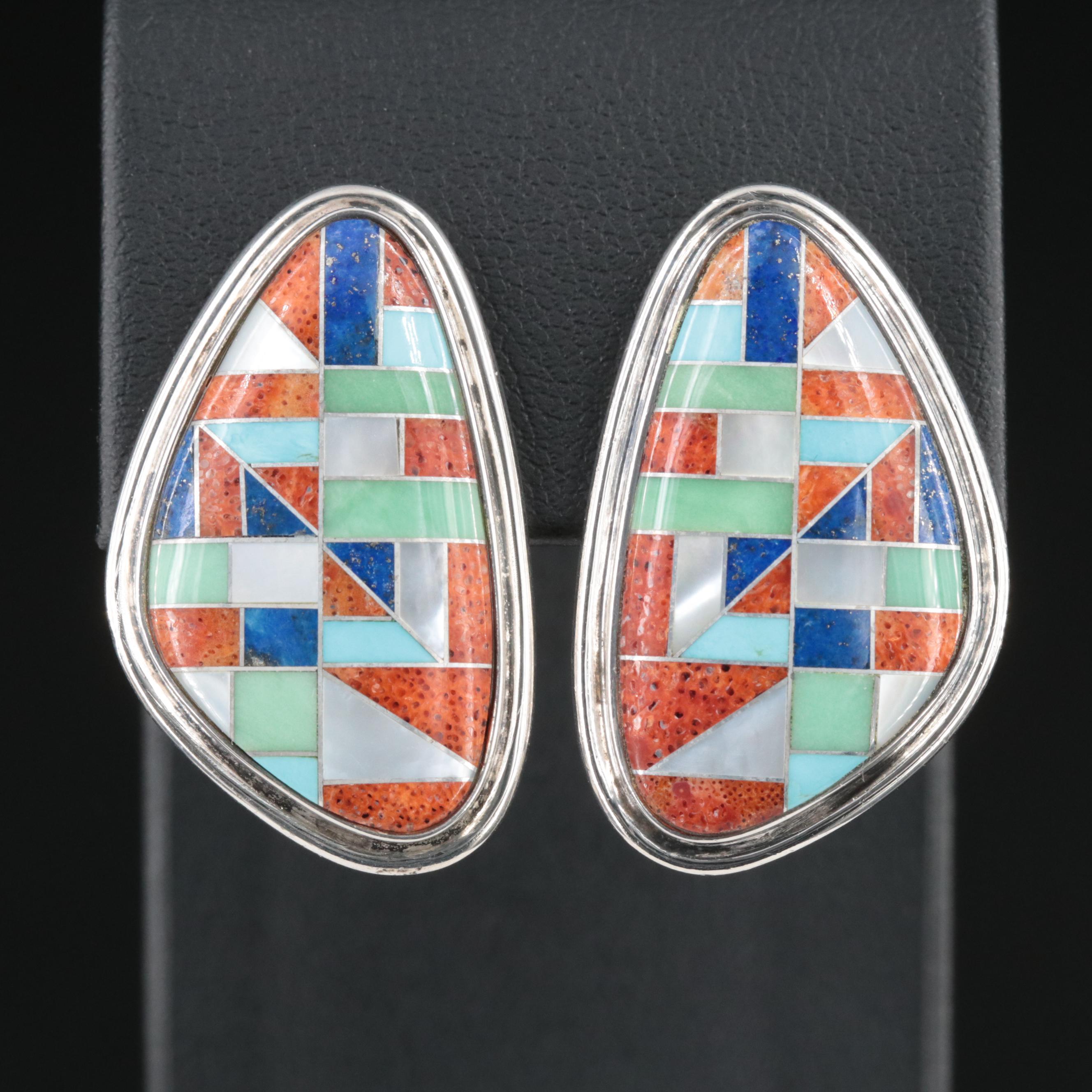 Desert Rose Trading Sterling Earrings with Coral and Mother-Of-Pearl Inlay